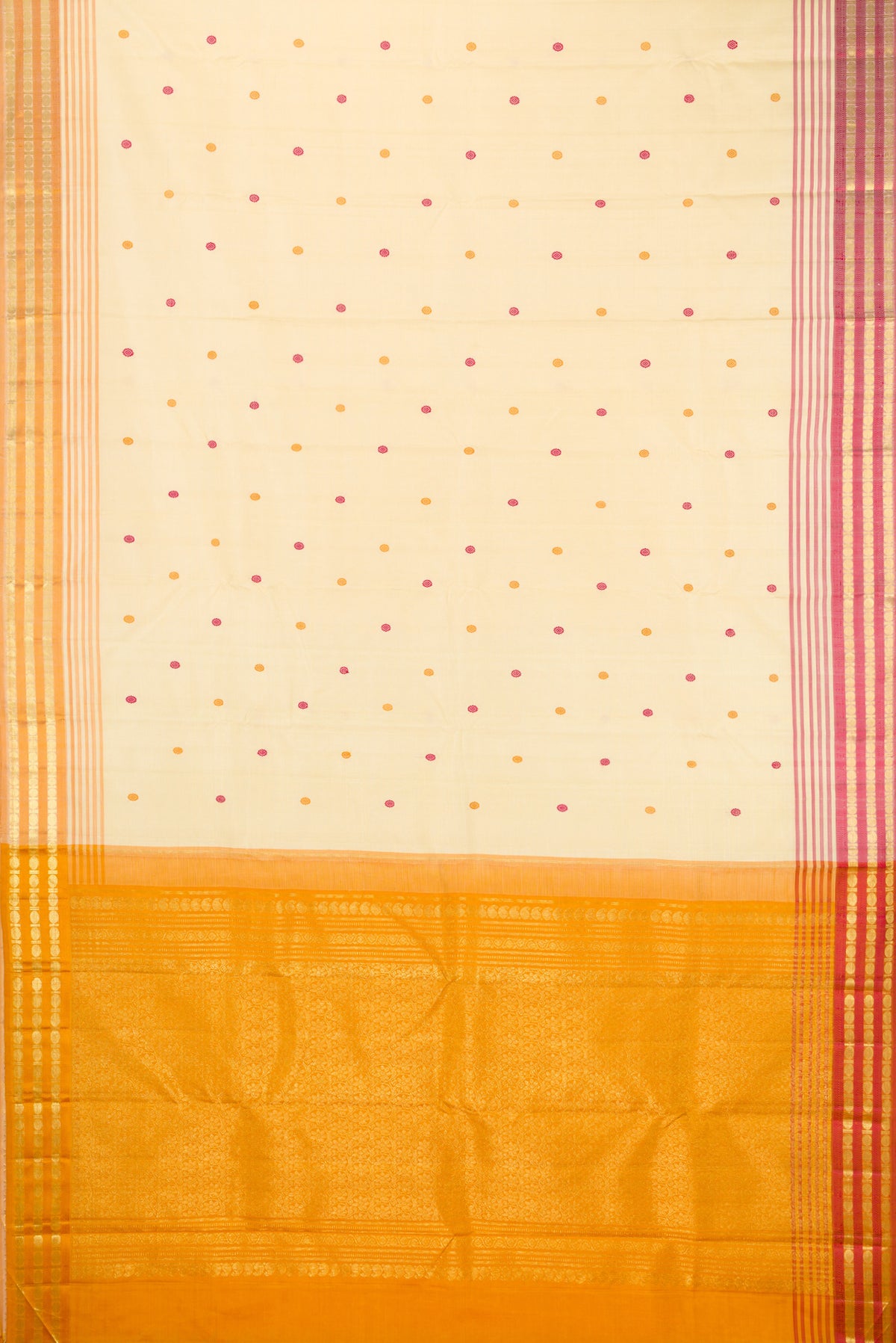 Flat view of Sandal Kanjivaram Silk Saree with Zari And Thread Butta on the body and Zari Border. 