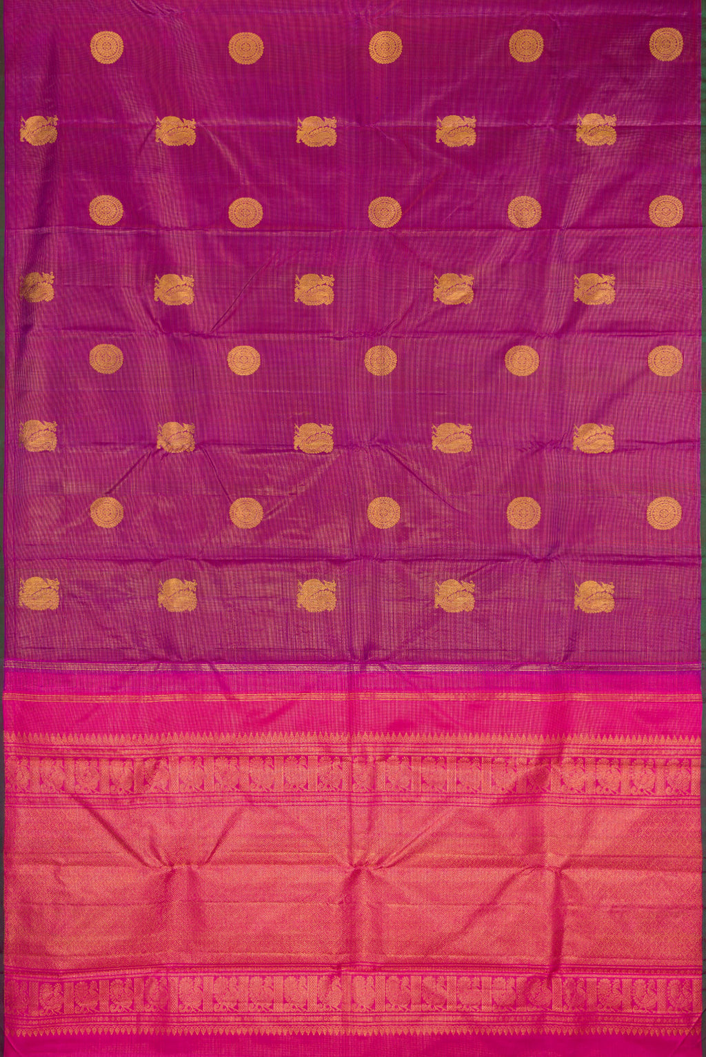 Flat view of Purple Kanchipuram Silk Saree with Stripes on the body and Without Border. 
