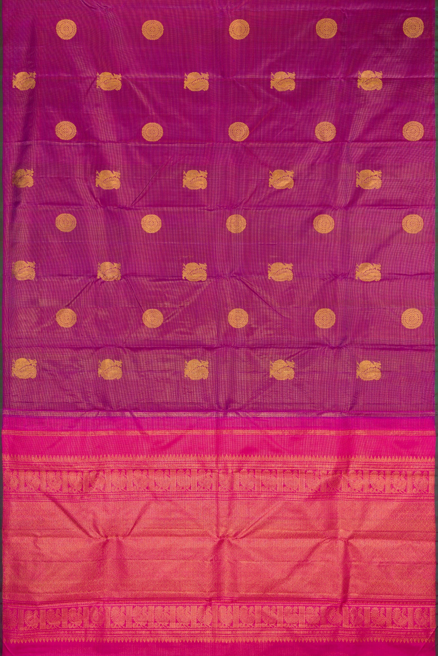 Flat view of Purple Kanchipuram Silk Saree with Stripes on the body and Without Border. 