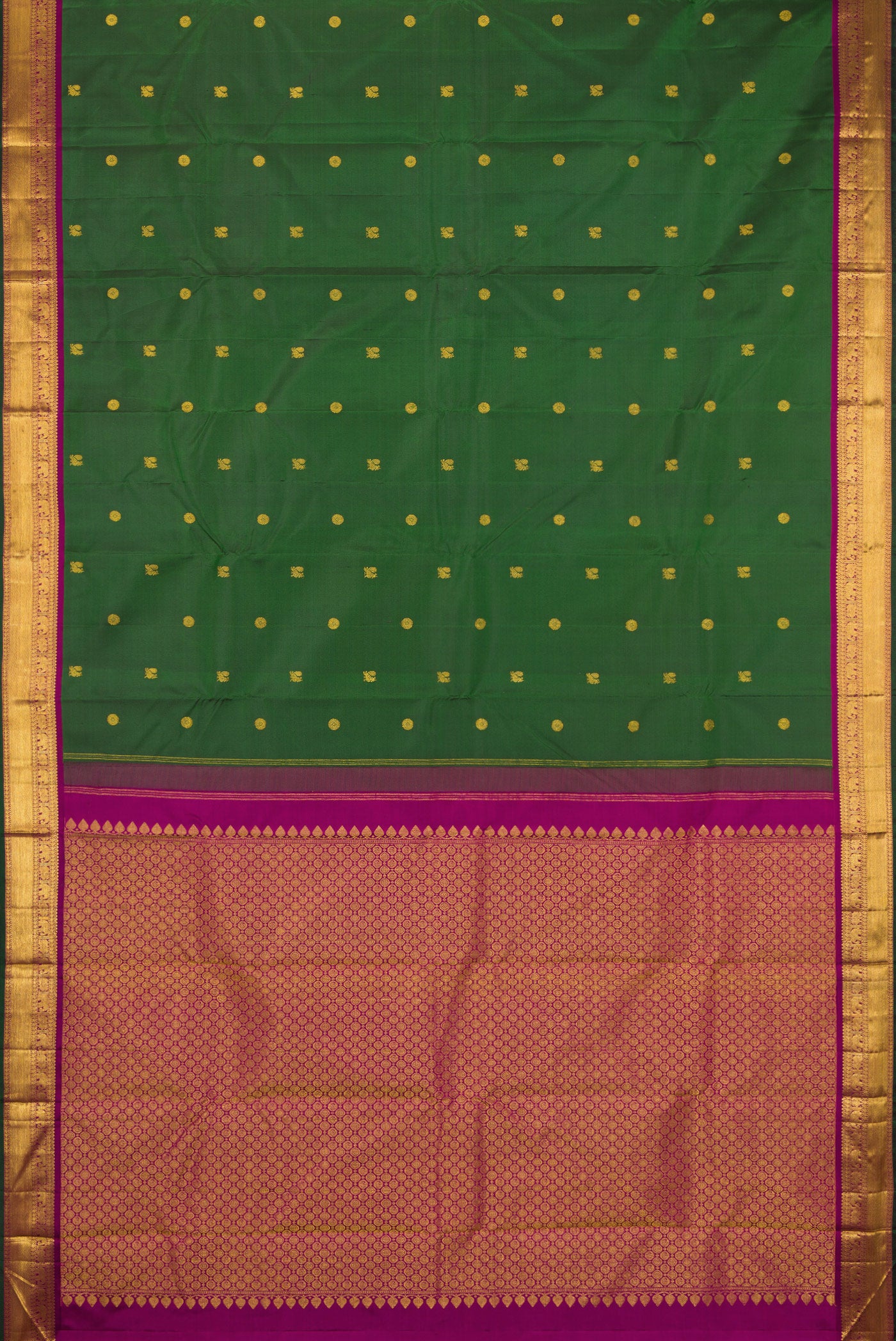 Flat view of Green Kanchipuram Silk Saree with Zari Butta on the body and Zari Border. 