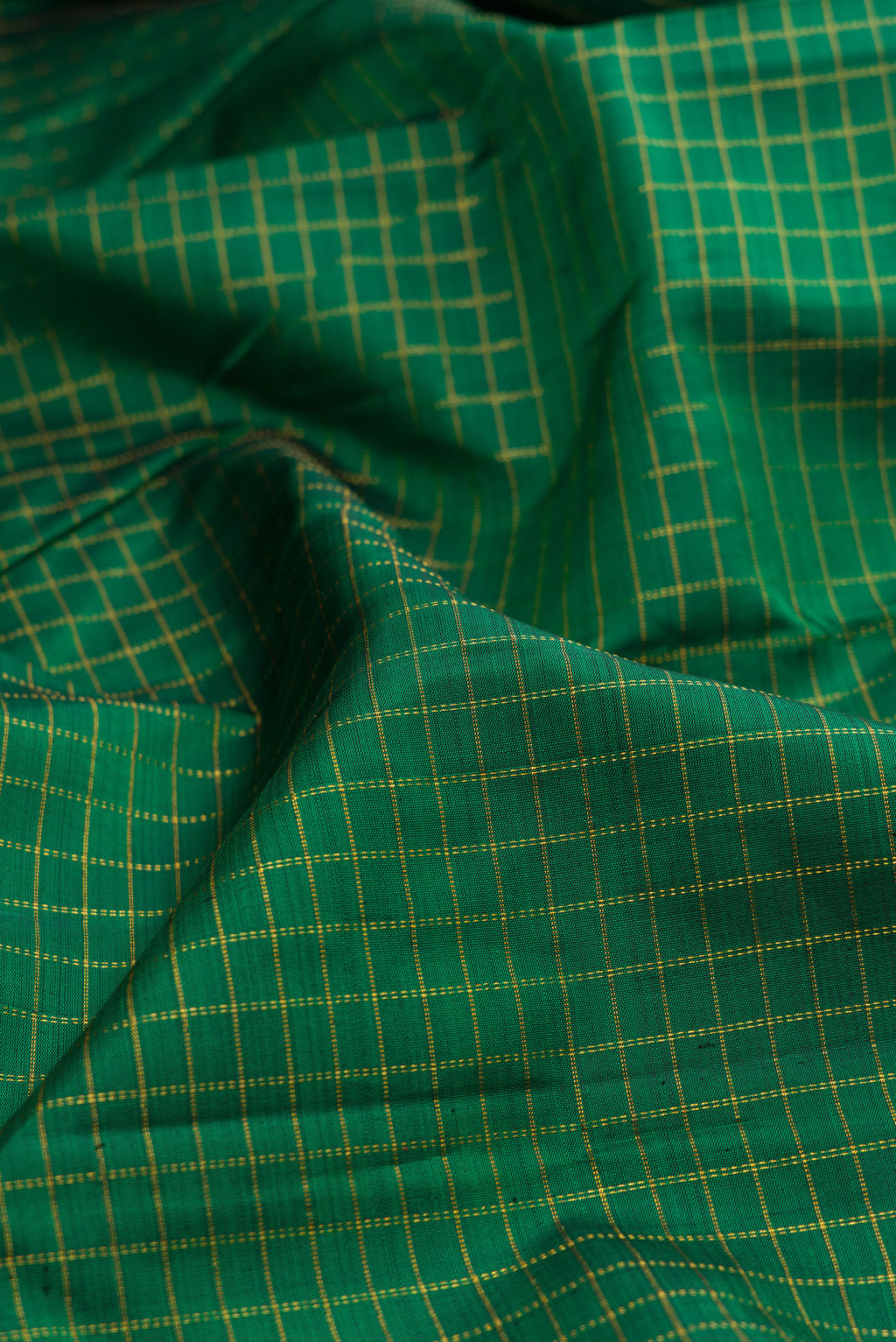 Close up of Bottle Green Kanchipuram Silk Saree with Checked design on the body and Fancy Border.  displaying folds