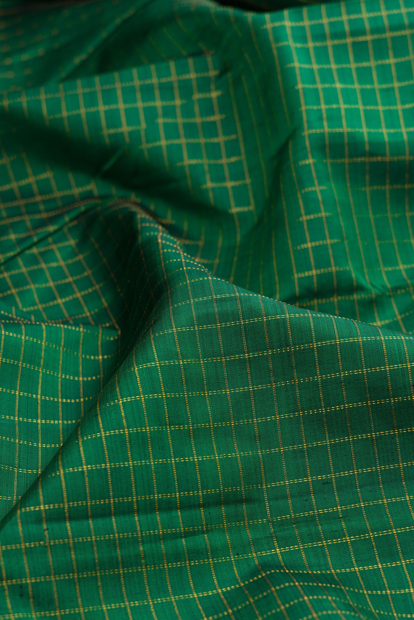 Close up of Bottle Green Kanchipuram Silk Saree with Checked design on the body and Fancy Border.  displaying folds