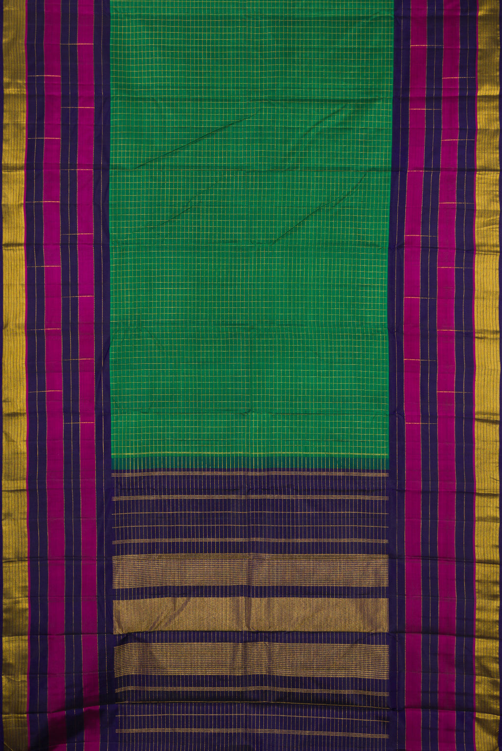 Flat view of Bottle Green Kanchipuram Silk Saree with Checked design on the body and Fancy Border. 