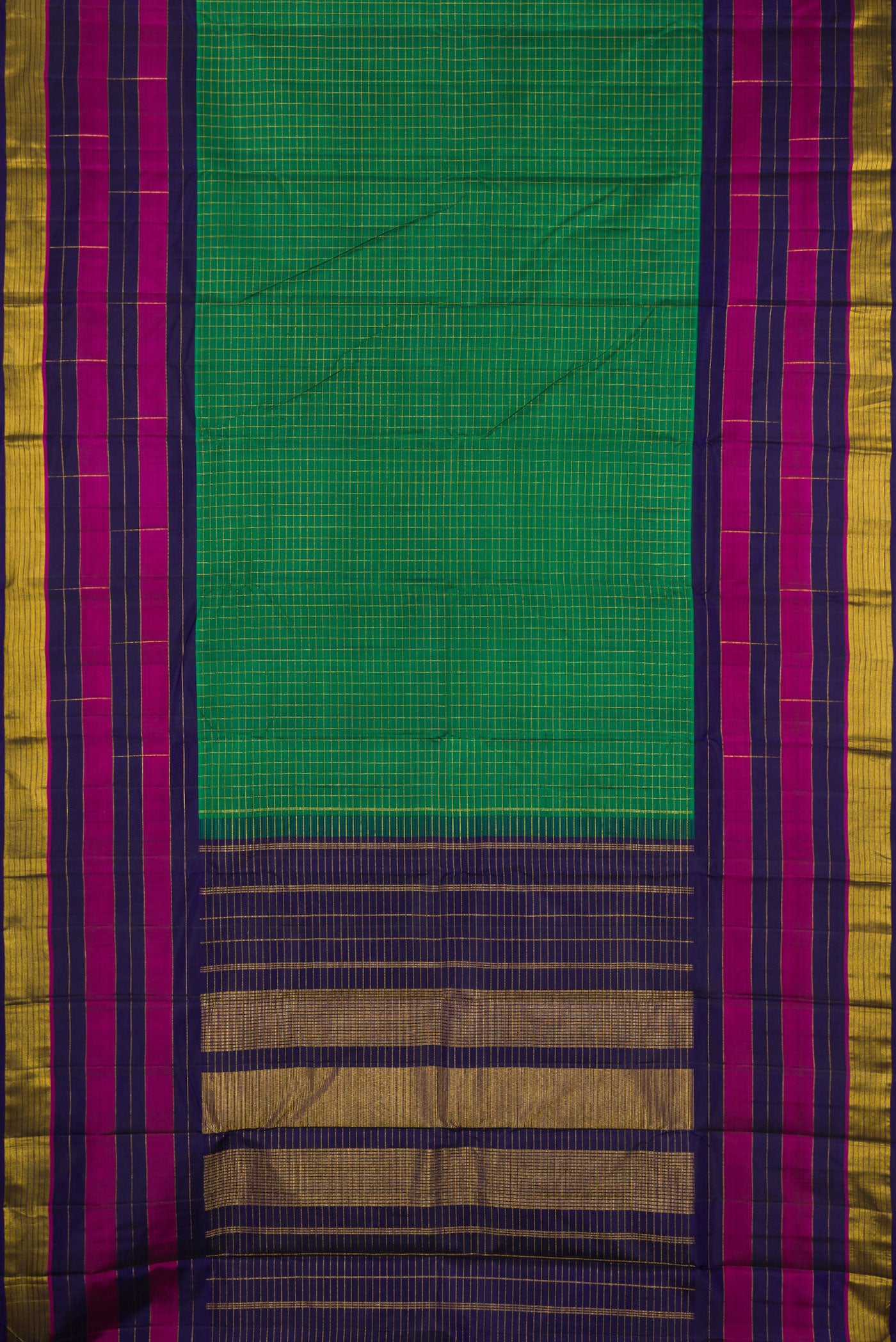 Flat view of Bottle Green Kanchipuram Silk Saree with Checked design on the body and Fancy Border. 