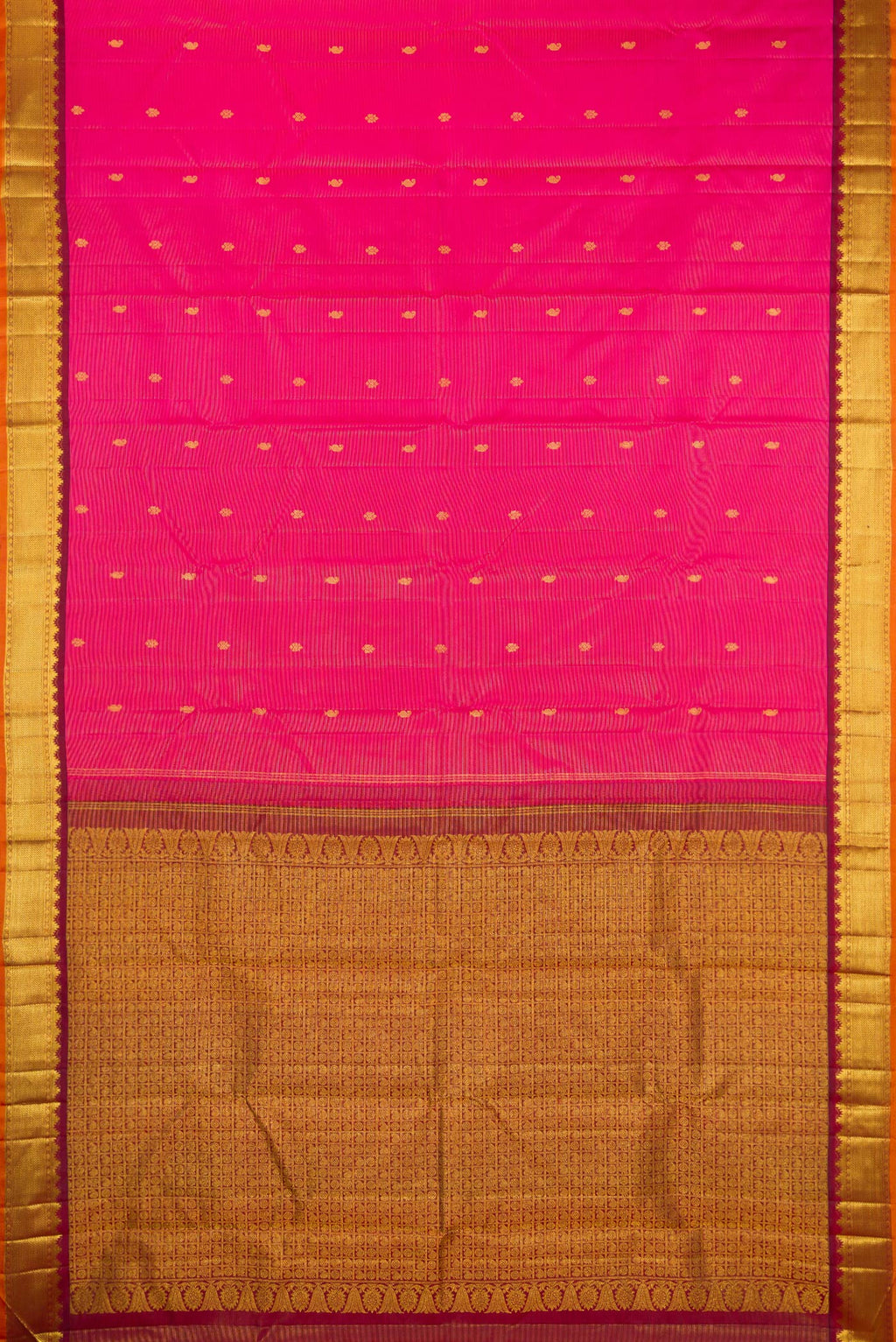 Flat view of Rani Pink Kanjivaram Silk Saree with Zari Butta on the body and Zari Border. 