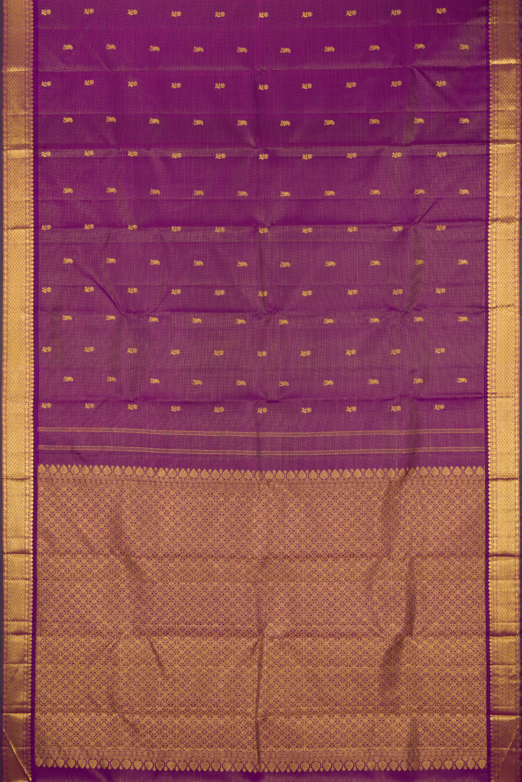 Flat view of Purple Kanjivaram Silk Saree with Zari Butta on the body and Zari Border. 