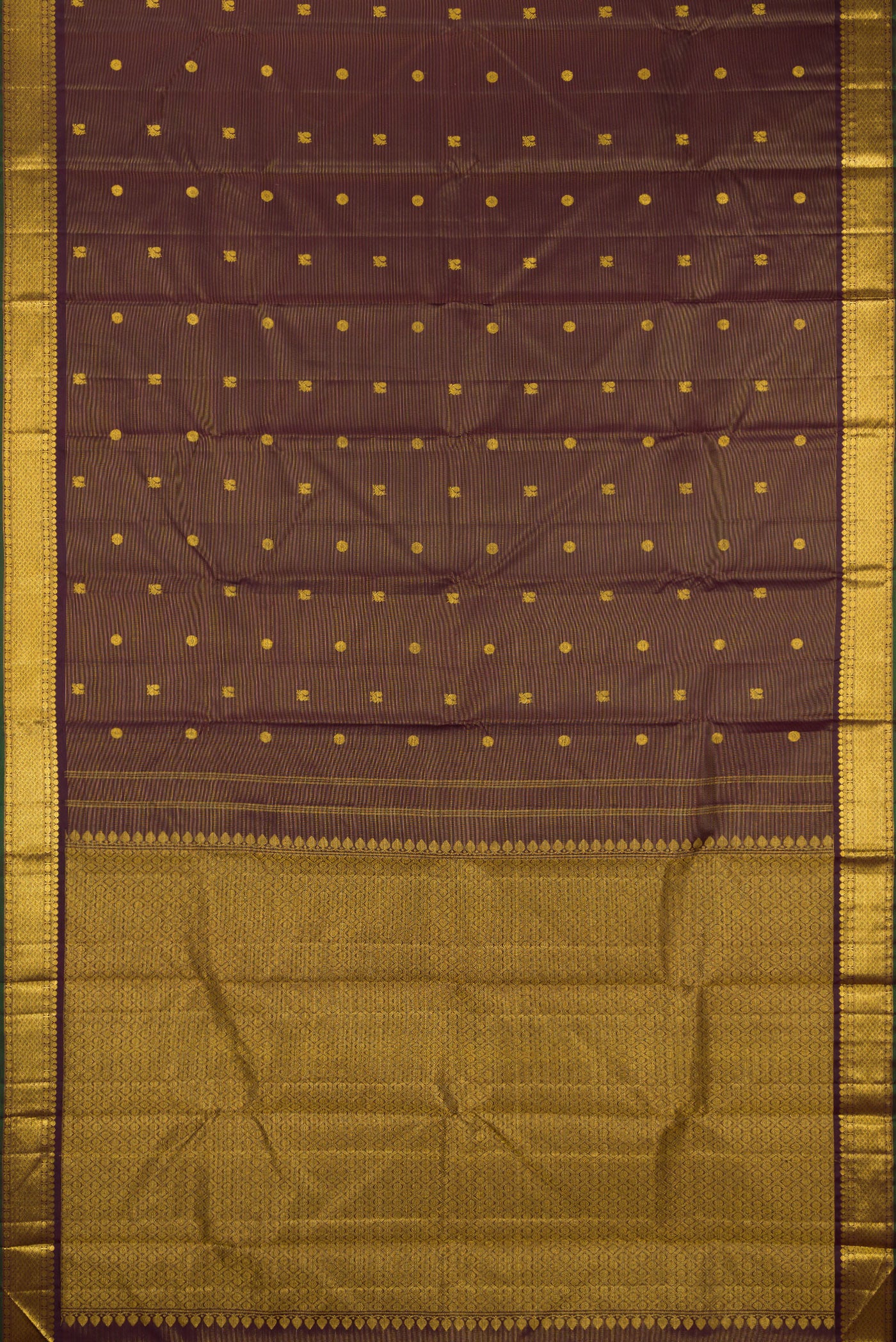 Flat view of Coffee Brown Kanjivaram Silk Saree with Stripes on the body and Zari Border. 