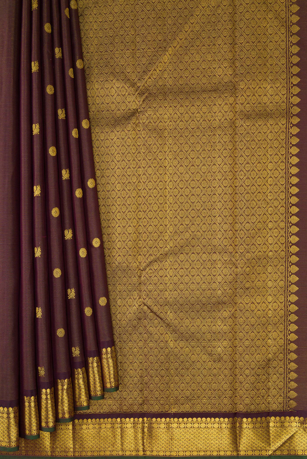Pleats and pallu of Coffee Brown Kanjivaram Silk Saree with Stripes on the body and Zari Border. 