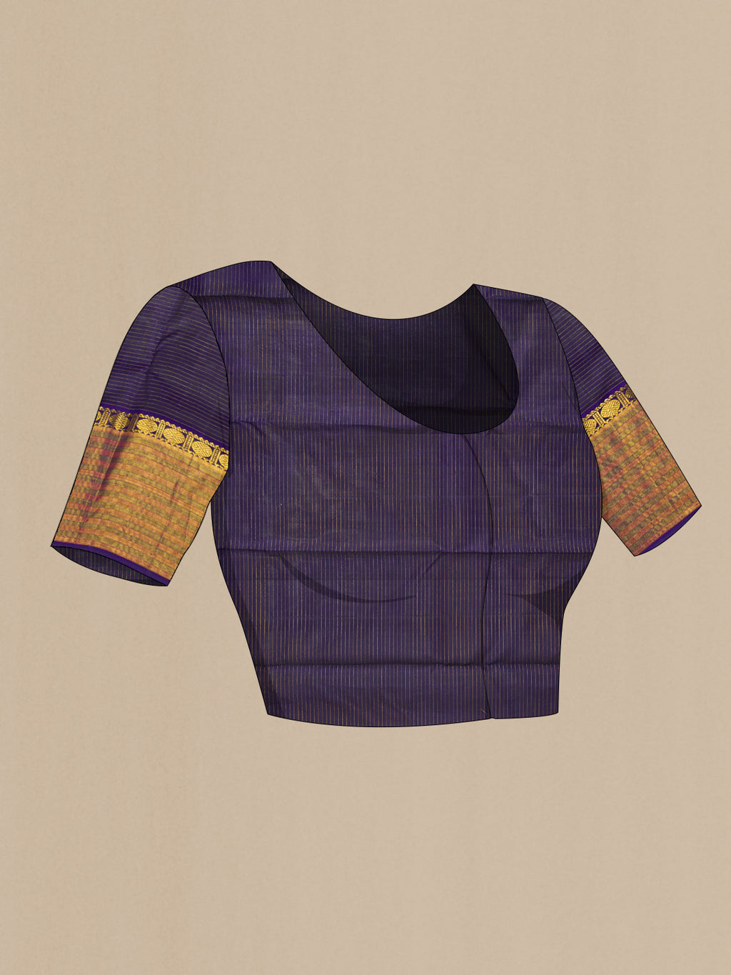 Close up image of the blouse of Navy Blue Kanjivaram Silk Saree with Checked design on the body and Fancy Border. 