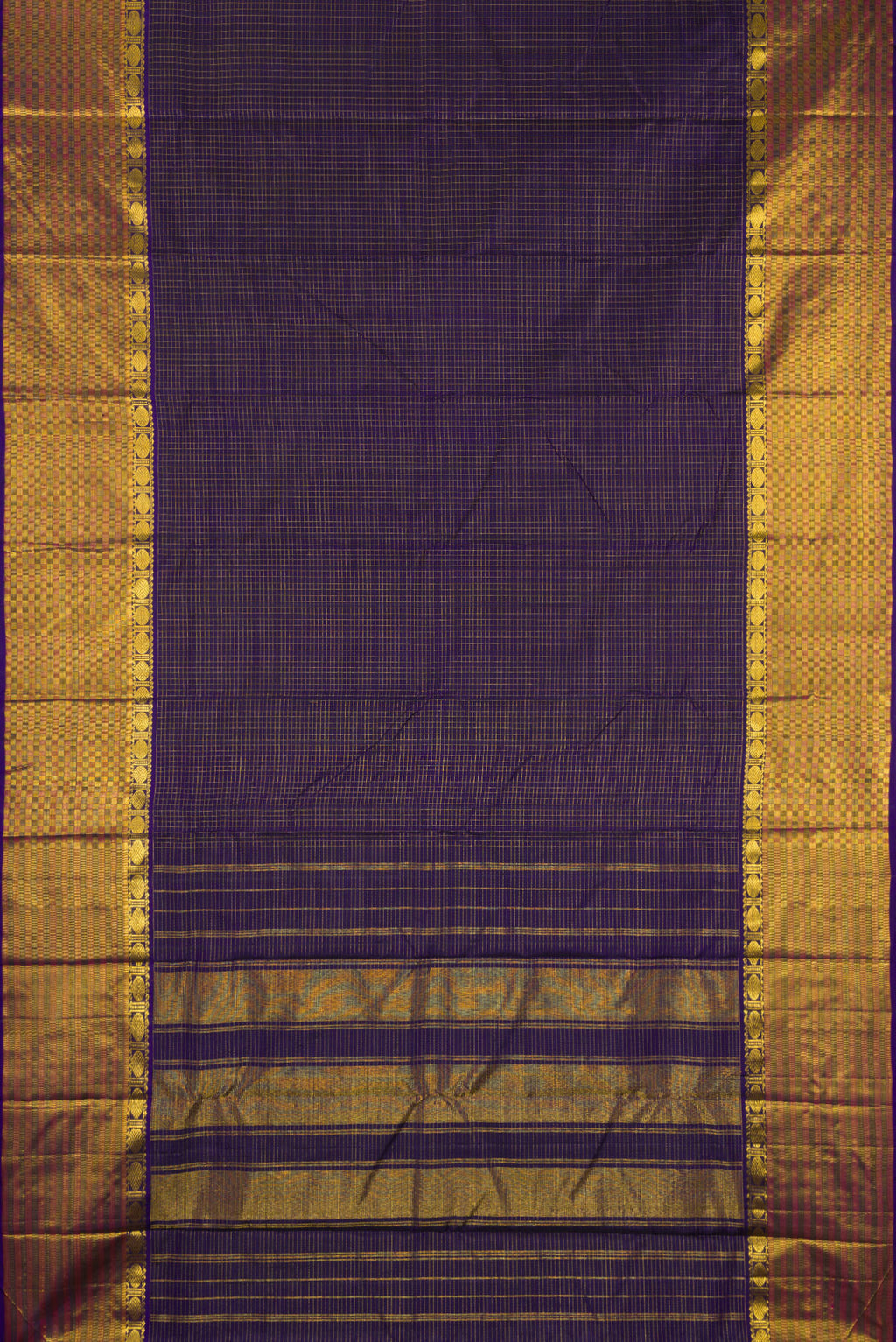 Flat view of Navy Blue Kanjivaram Silk Saree with Checked design on the body and Fancy Border. 