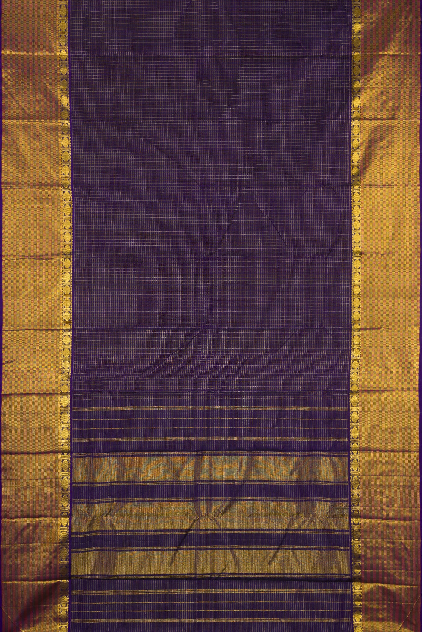 Flat view of Navy Blue Kanjivaram Silk Saree with Checked design on the body and Fancy Border. 