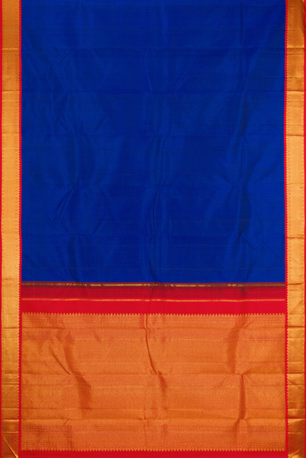 Flat view of Royal Blue Kanjivaram Silk Saree with Plain Body and Zari Border. 