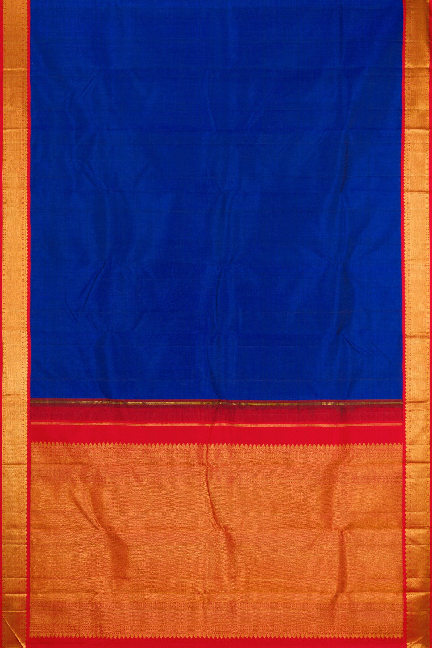 Flat view of Royal Blue Kanjivaram Silk Saree with Plain Body and Zari Border. 