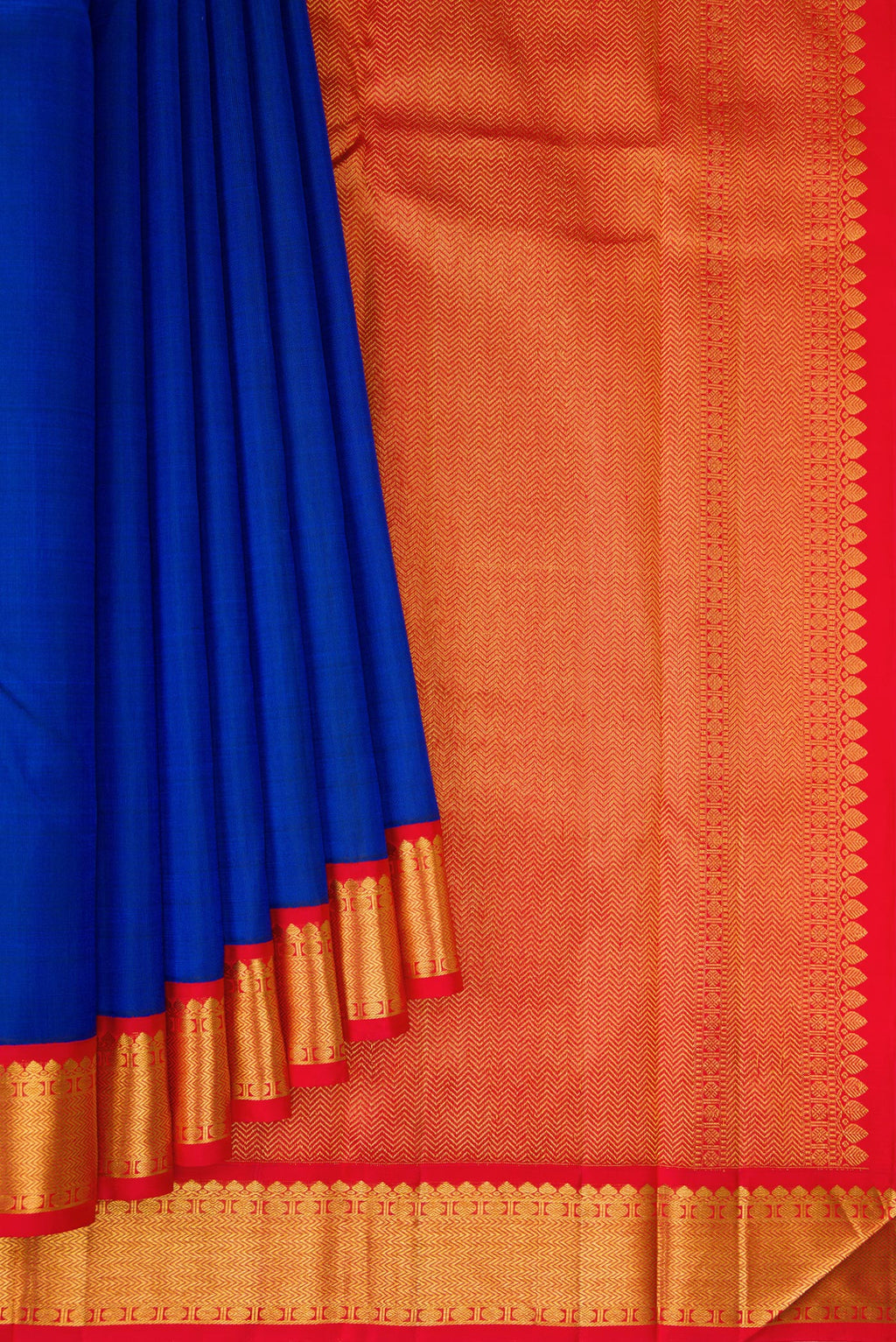 Pleats and pallu of Royal Blue Kanjivaram Silk Saree with Plain Body and Zari Border. 