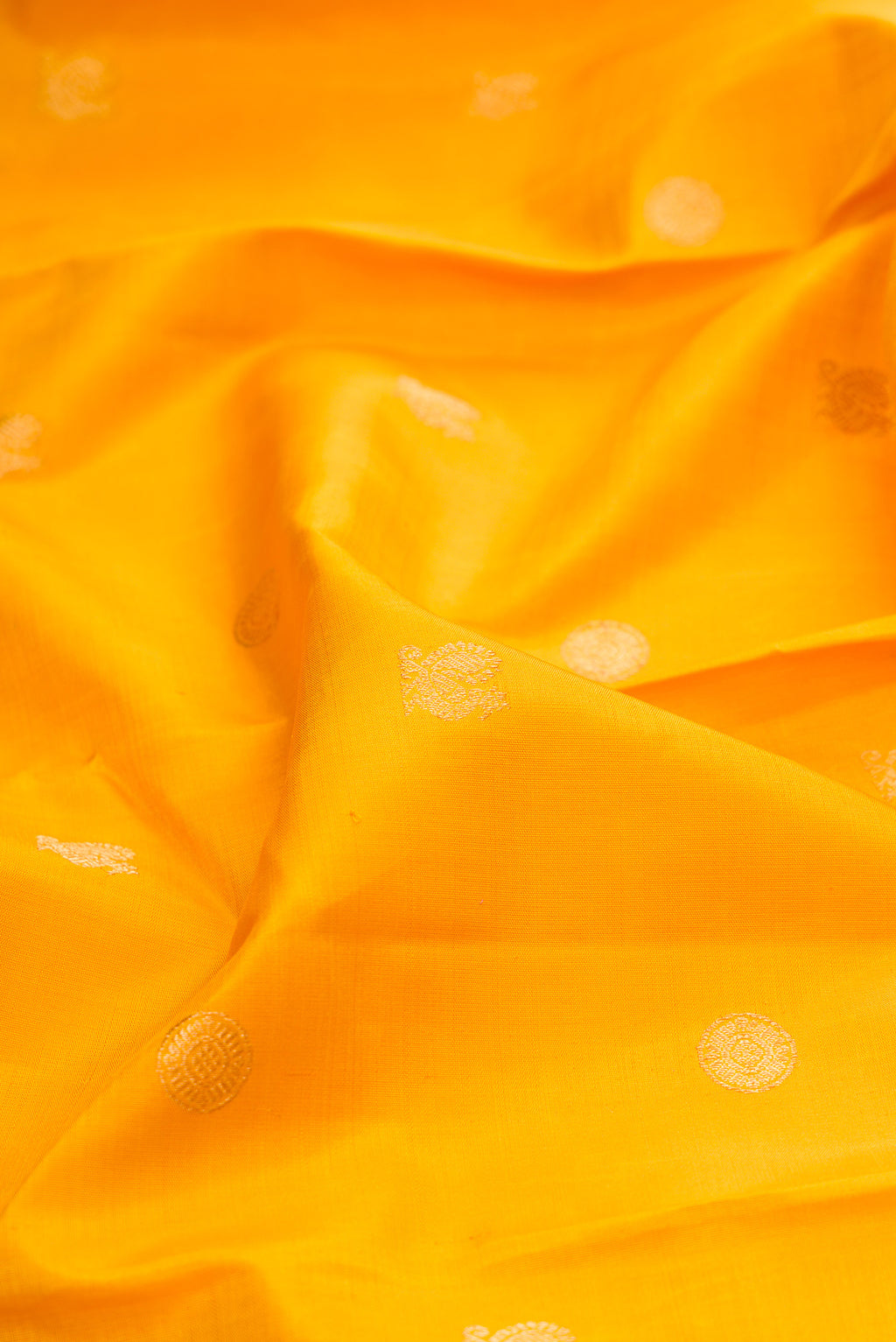 Close up of Yellow Kanjivaram Silk Saree with Zari Butta on the body and Zari Border.  displaying folds