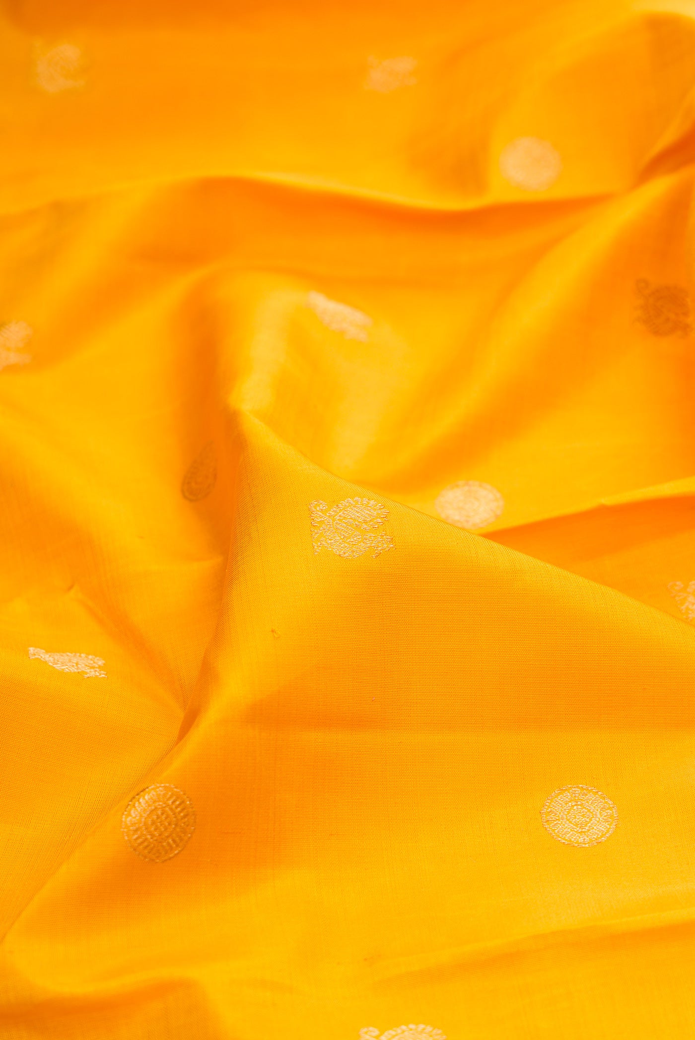 Close up of Yellow Kanjivaram Silk Saree with Zari Butta on the body and Zari Border.  displaying folds