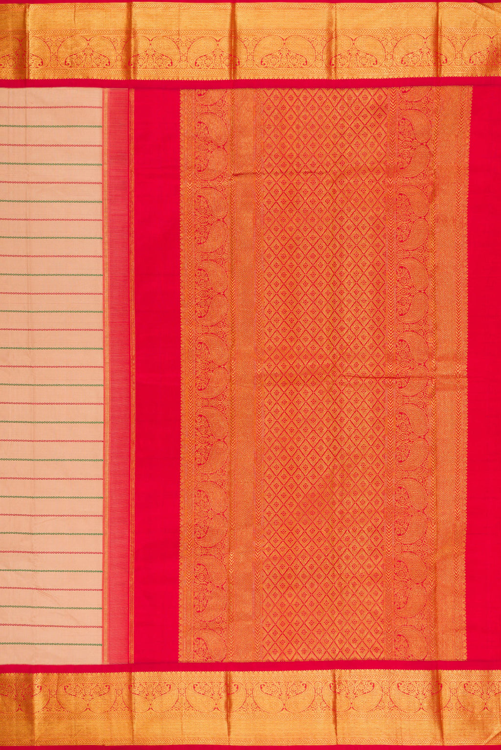 Close up image of the pallu of Beige Kanjivaram Silk Saree with Veldhari on the body and Zari Border. 