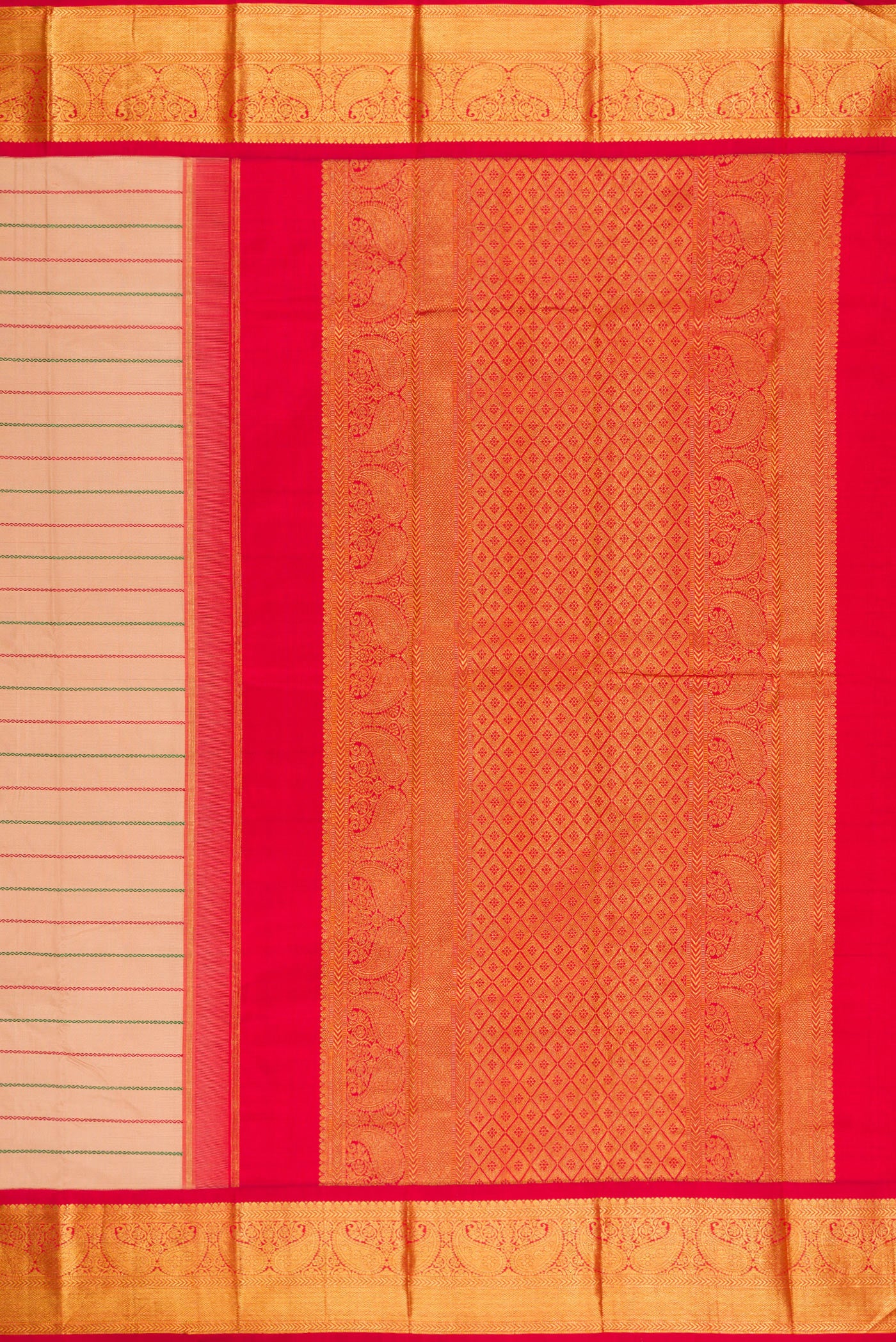 Close up image of the pallu of Beige Kanjivaram Silk Saree with Veldhari on the body and Zari Border. 