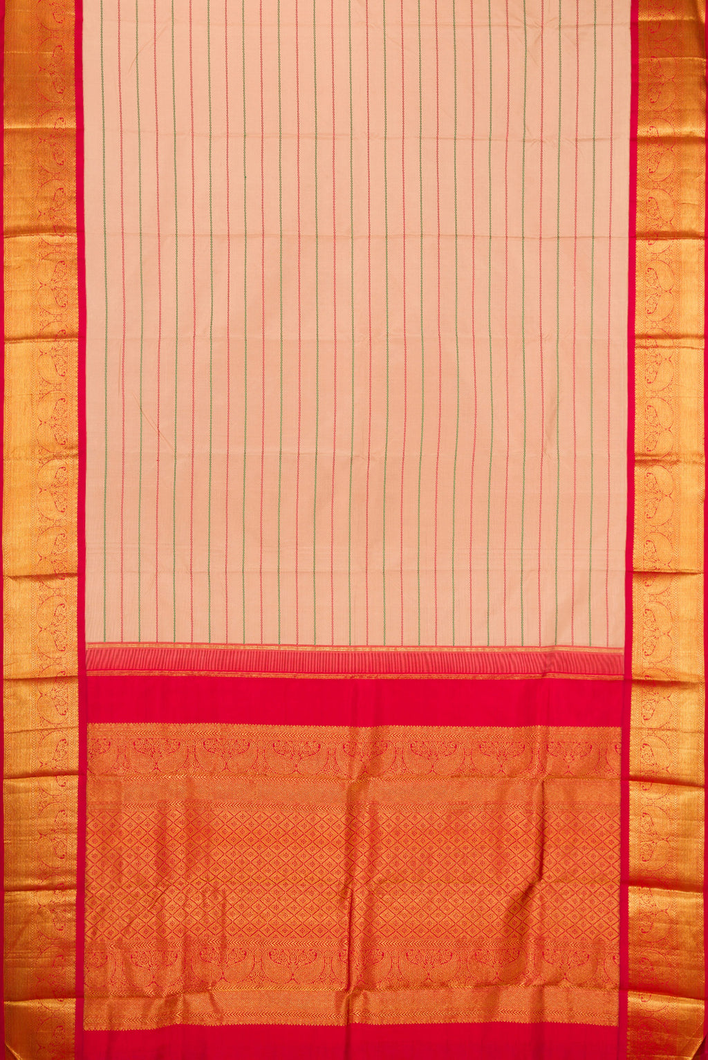 Flat view of Beige Kanjivaram Silk Saree with Veldhari on the body and Zari Border. 
