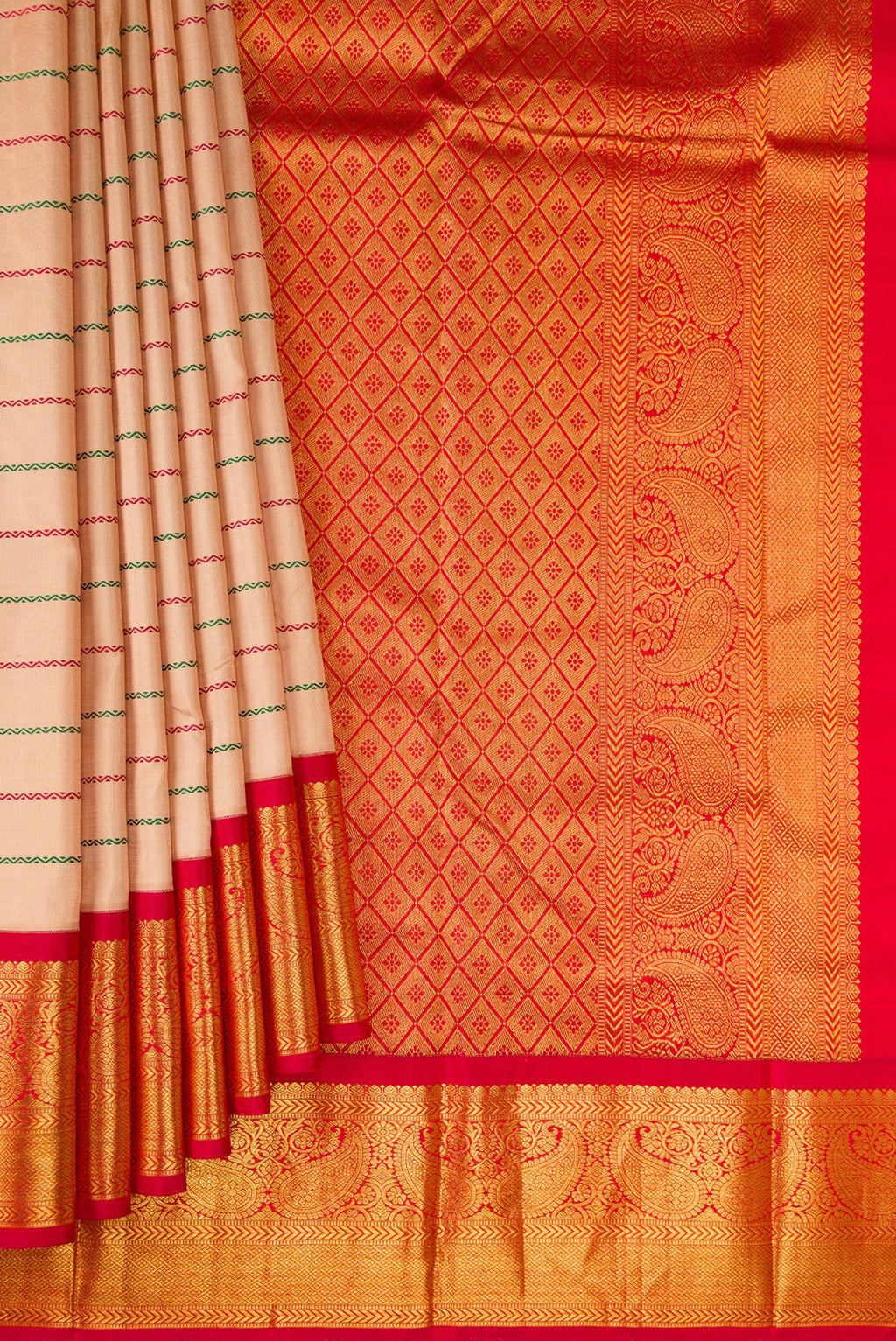 Pleats and pallu of Beige Kanjivaram Silk Saree with Veldhari on the body and Zari Border. 
