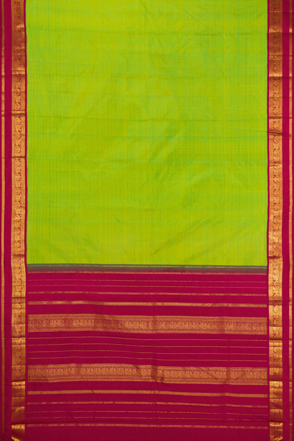 Flat view of Parrot Green Kanjivaram Silk Saree with Plain Body and Zari Border. 