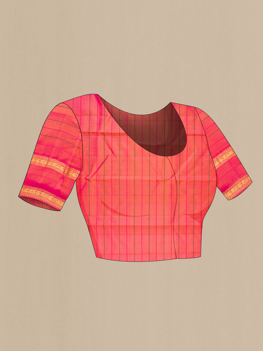 Close up image of the blouse of Mustard Kanchipuram Silk Saree with Veldhari on the body and Ganga Jamuna Border. 