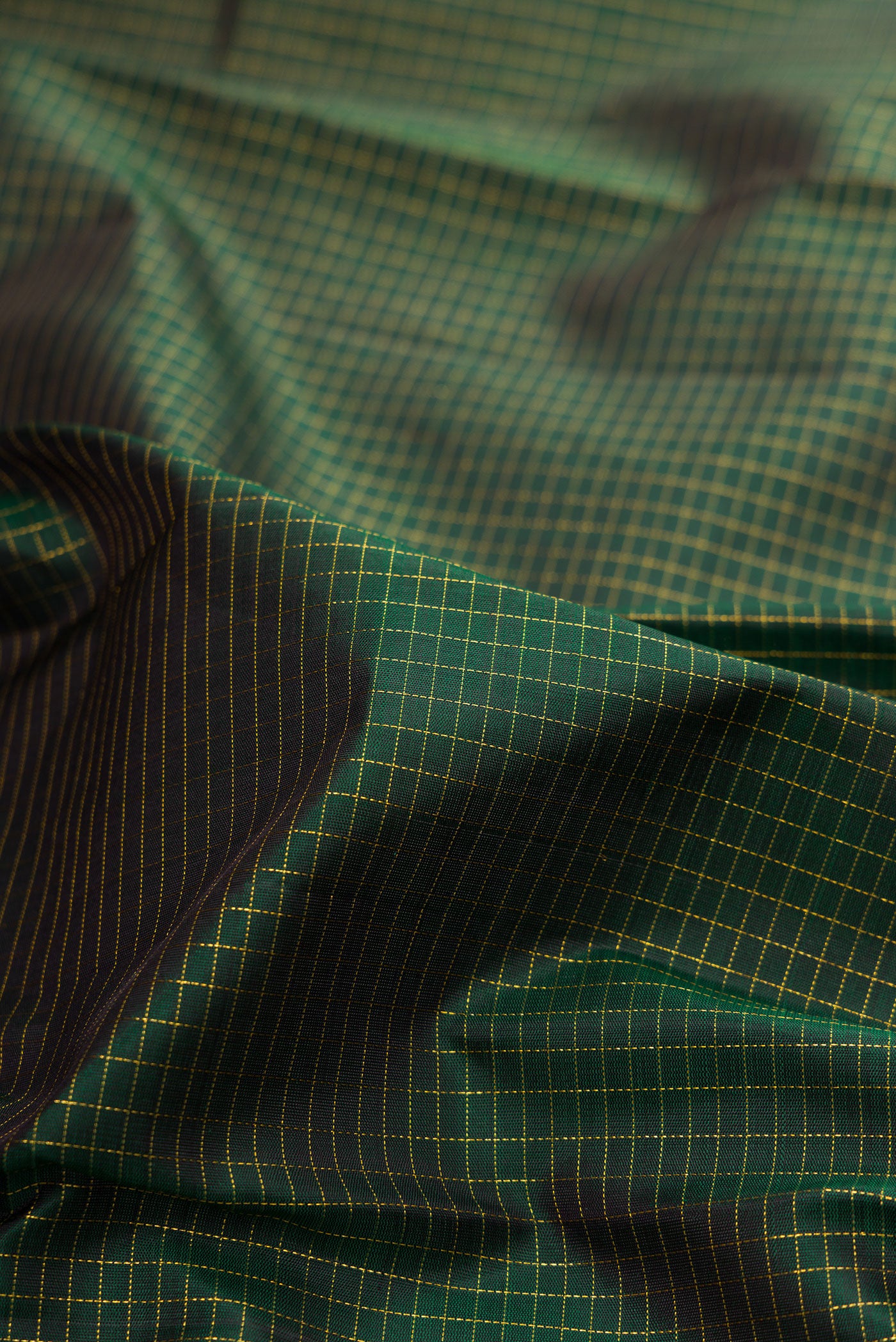 Close up of Pure Silk Bottle Green Kanchipuram Saree with Checked design on the body and Zari Border.  displaying folds