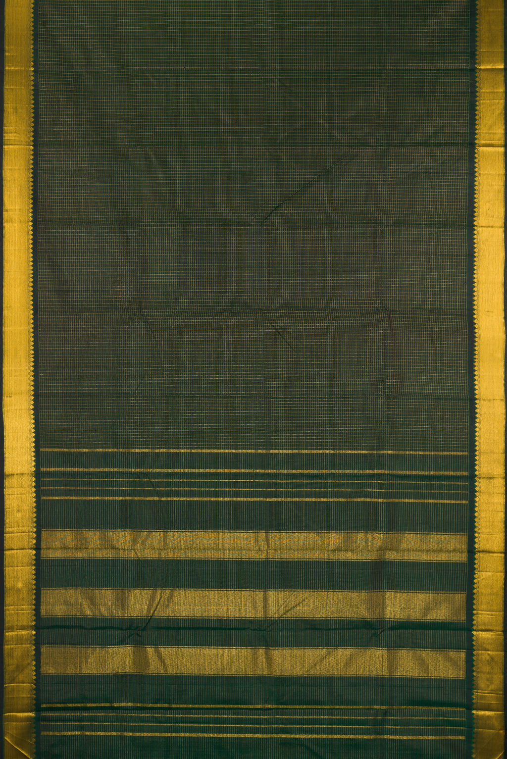 Flat view of Pure Silk Bottle Green Kanchipuram Saree with Checked design on the body and Zari Border. 