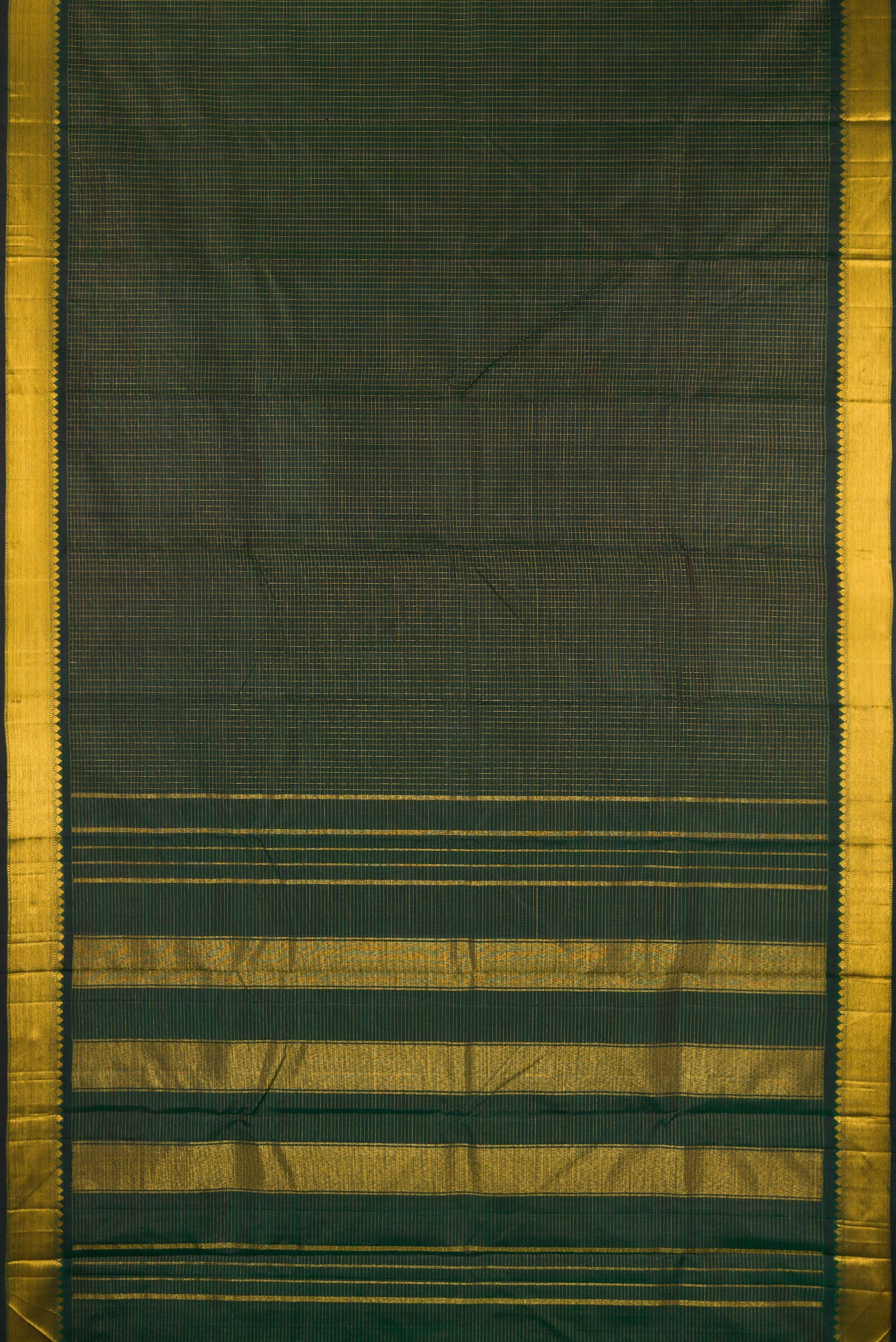Flat view of Pure Silk Bottle Green Kanchipuram Saree with Checked design on the body and Zari Border. 
