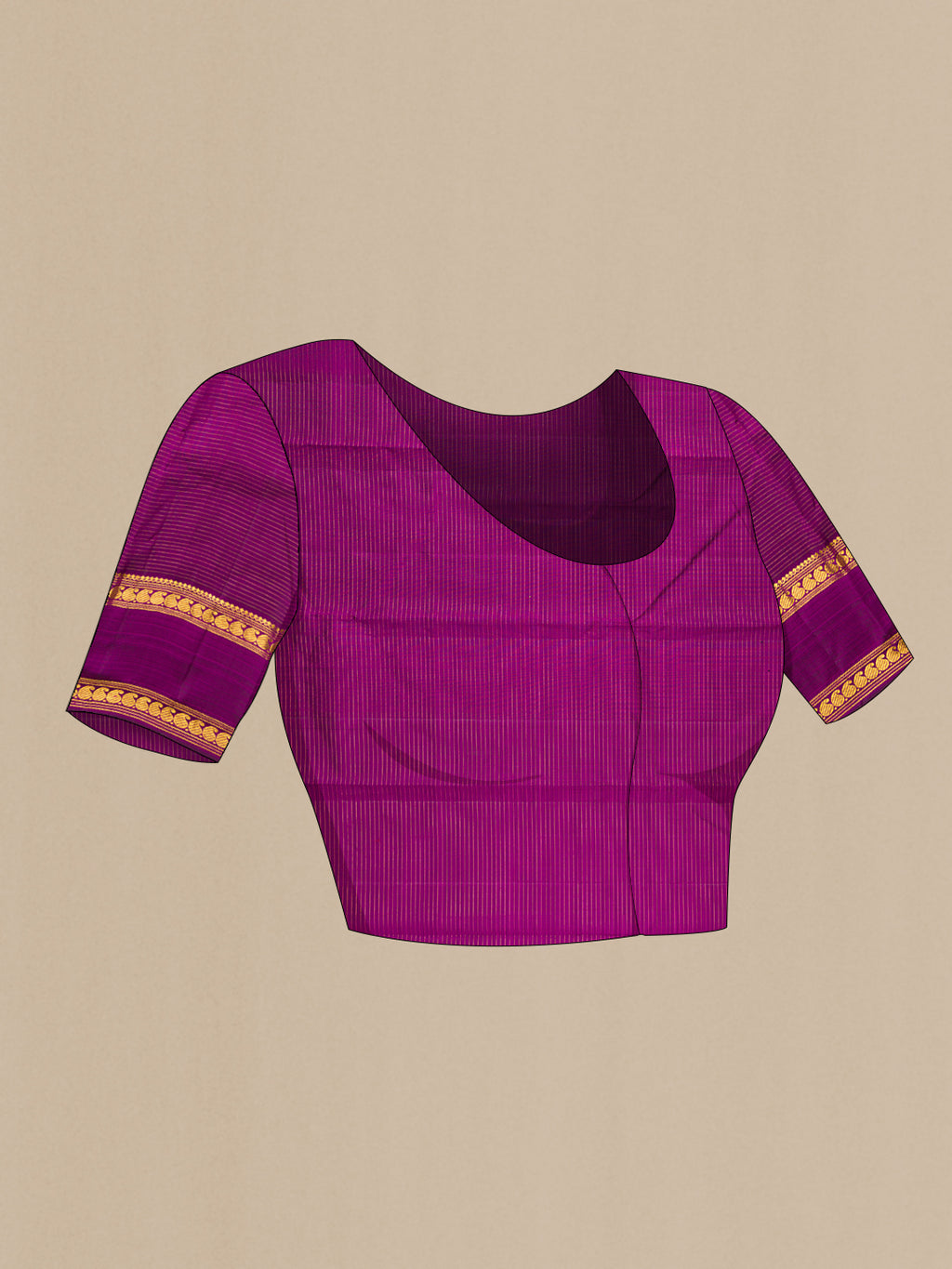 Close up image of the blouse of Purple Kanchipuram Silk Saree with Checked design on the body and Zari Border. 