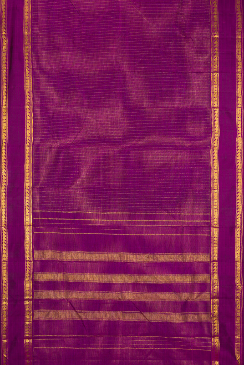 Flat view of Purple Kanchipuram Silk Saree with Checked design on the body and Zari Border. 