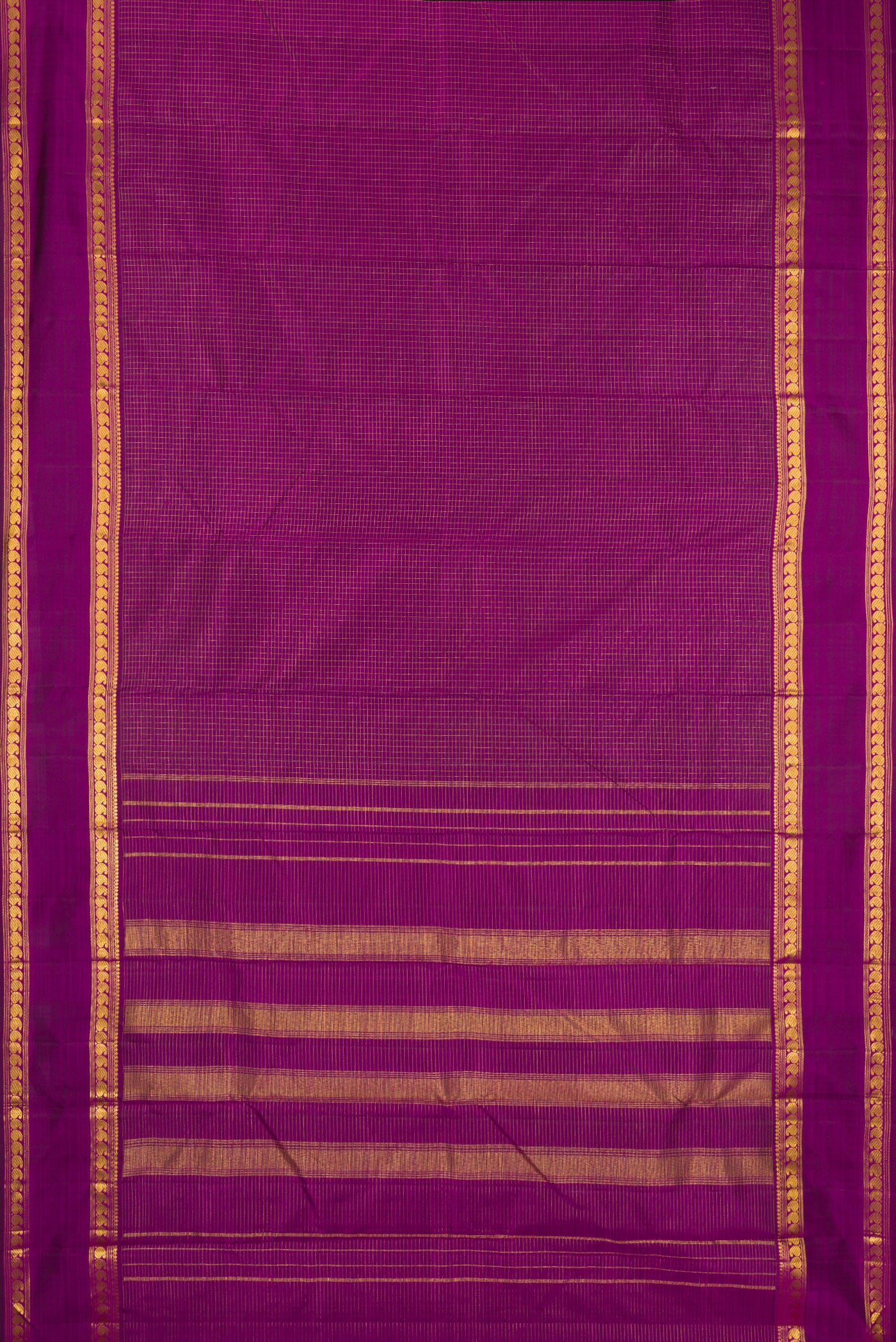 Flat view of Purple Kanchipuram Silk Saree with Checked design on the body and Zari Border. 