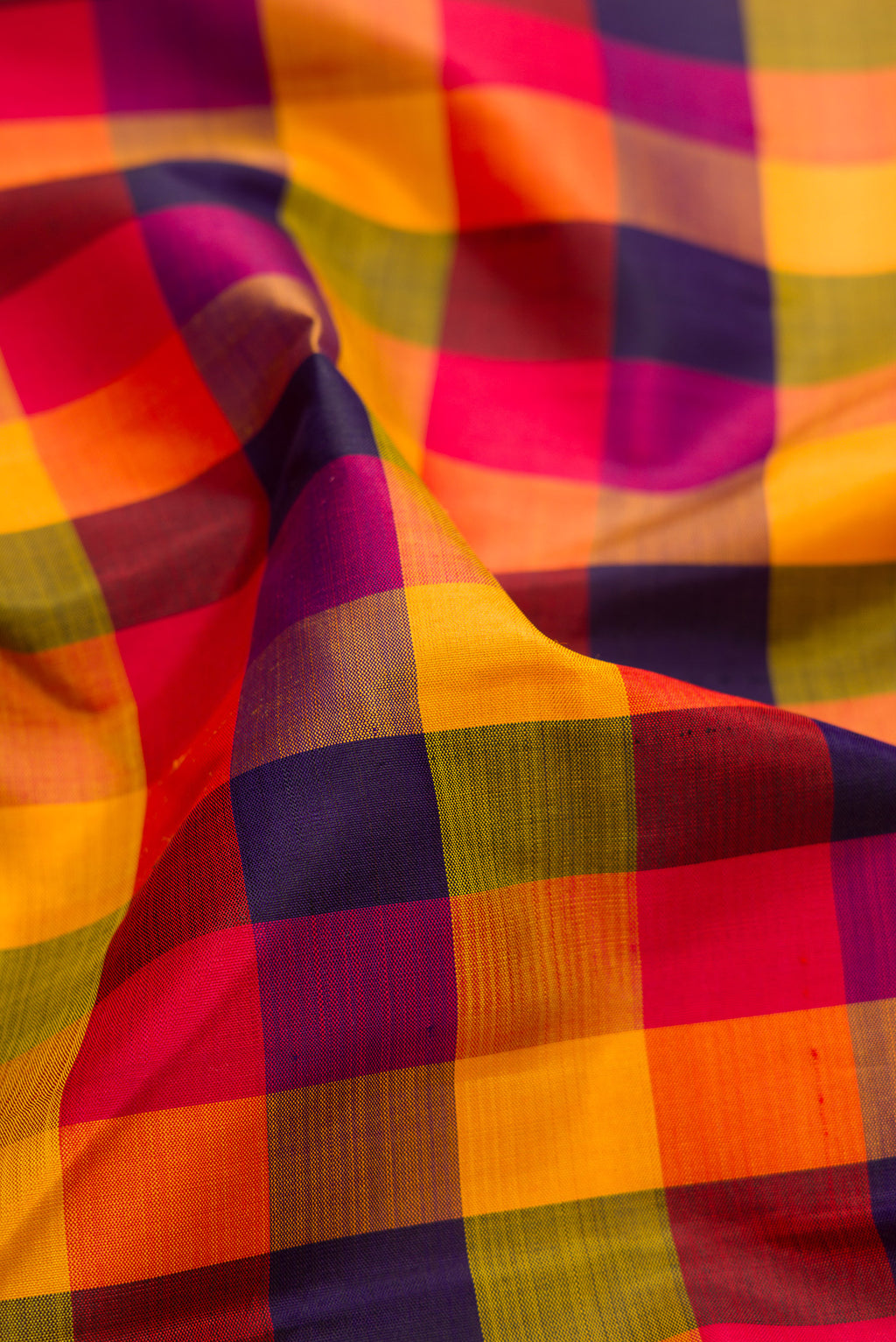 Close up of Multi Color Kanchipuram Silk Saree with Checked design on the body and Zari Border.  displaying folds