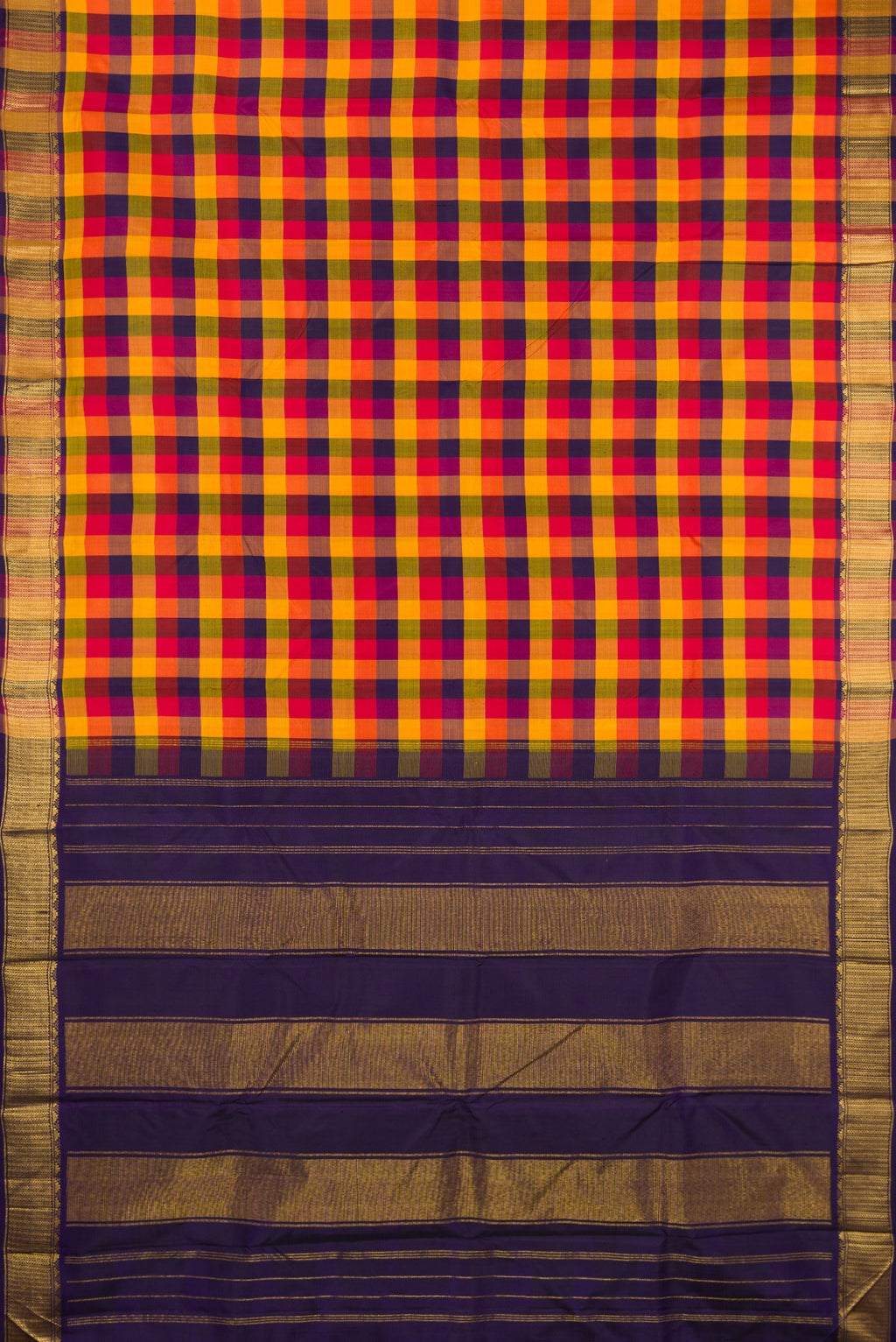Flat view of Multi Color Kanchipuram Silk Saree with Checked design on the body and Zari Border. 