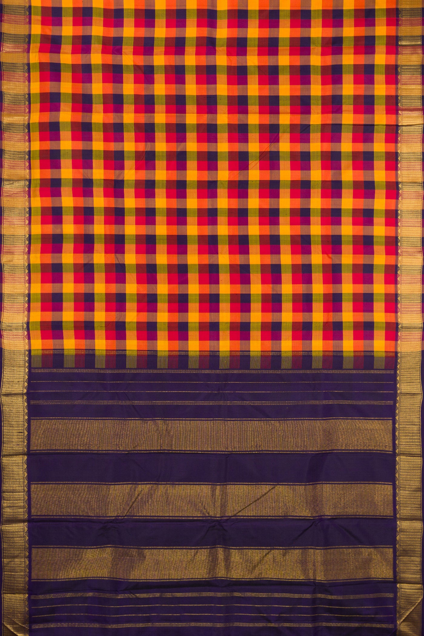 Flat view of Multi Color Kanchipuram Silk Saree with Checked design on the body and Zari Border. 