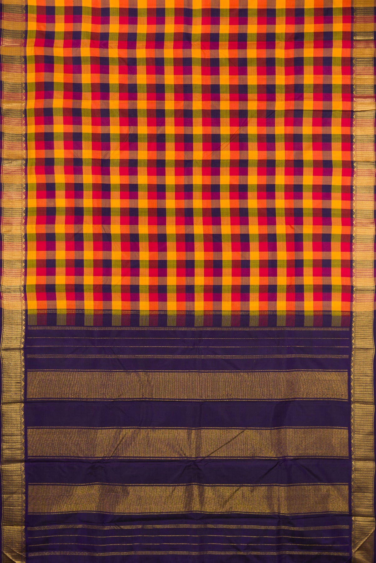 Flat view of Multi Color Kanchipuram Silk Saree with Checked design on the body and Zari Border. 