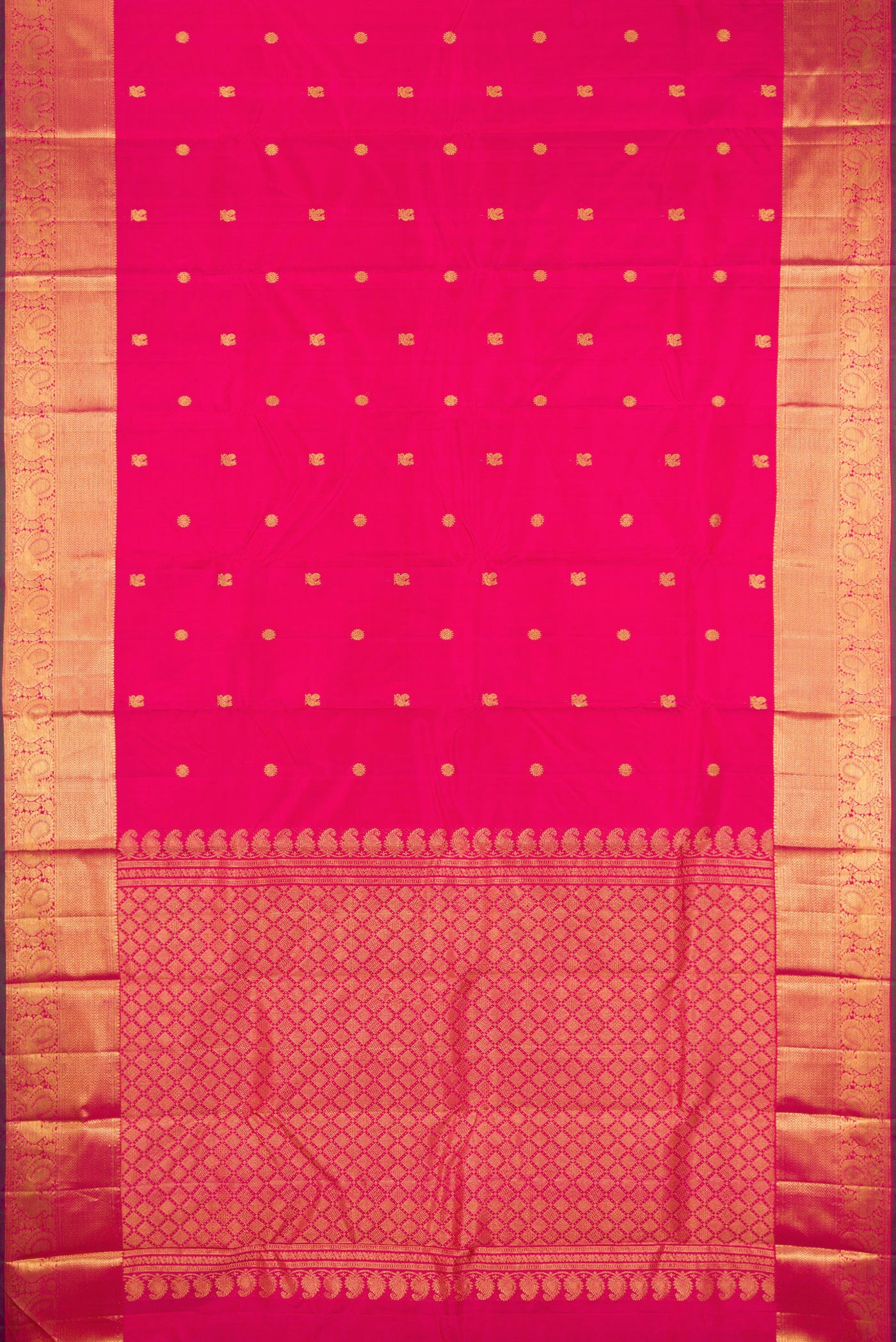 Flat view of Pink Kanjivaram Silk Saree with Zari Butta on the body and Zari Border. 