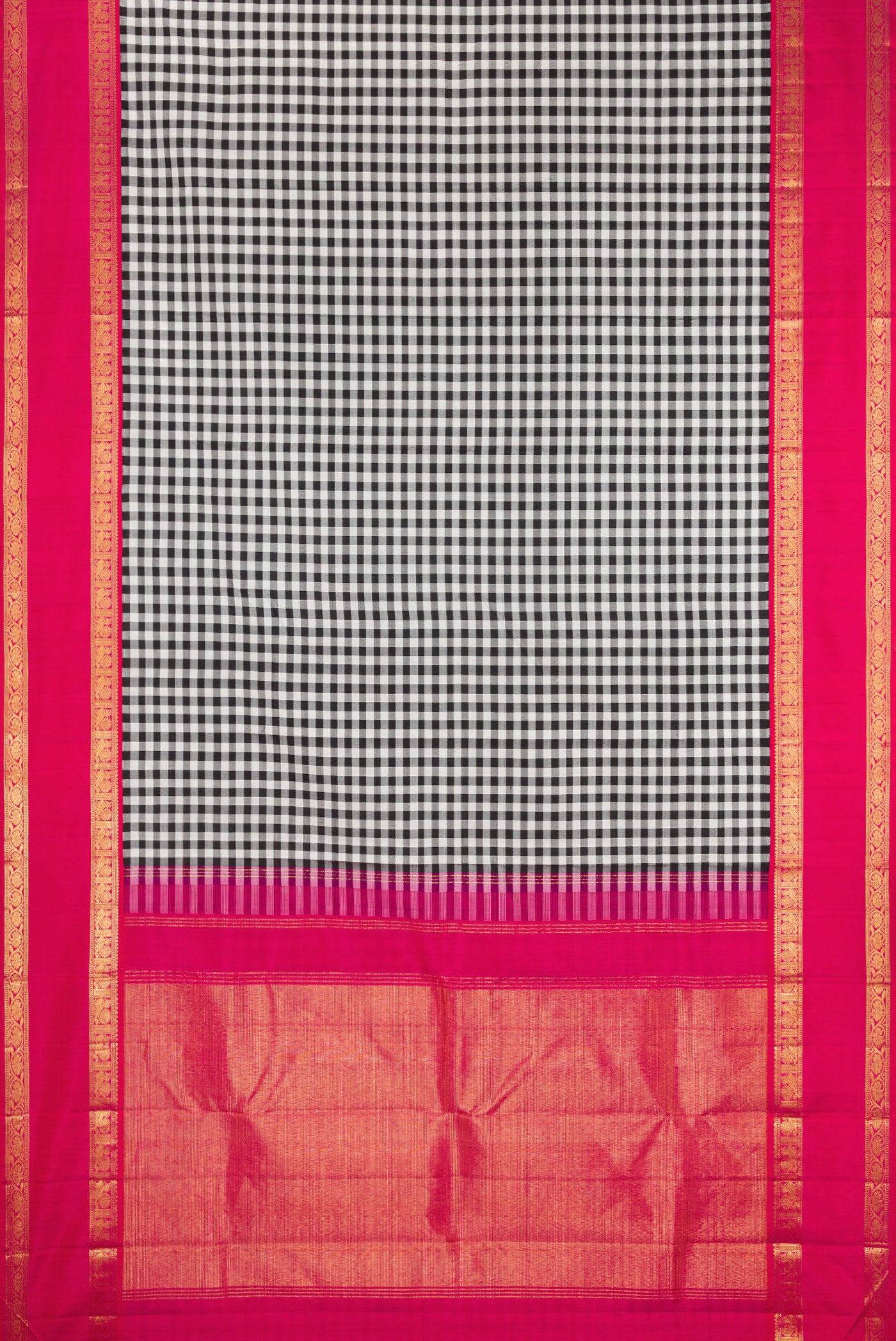 Flat view of Multi Color Kanjivaram Silk Saree with Checked design on the body and Zari Border. 