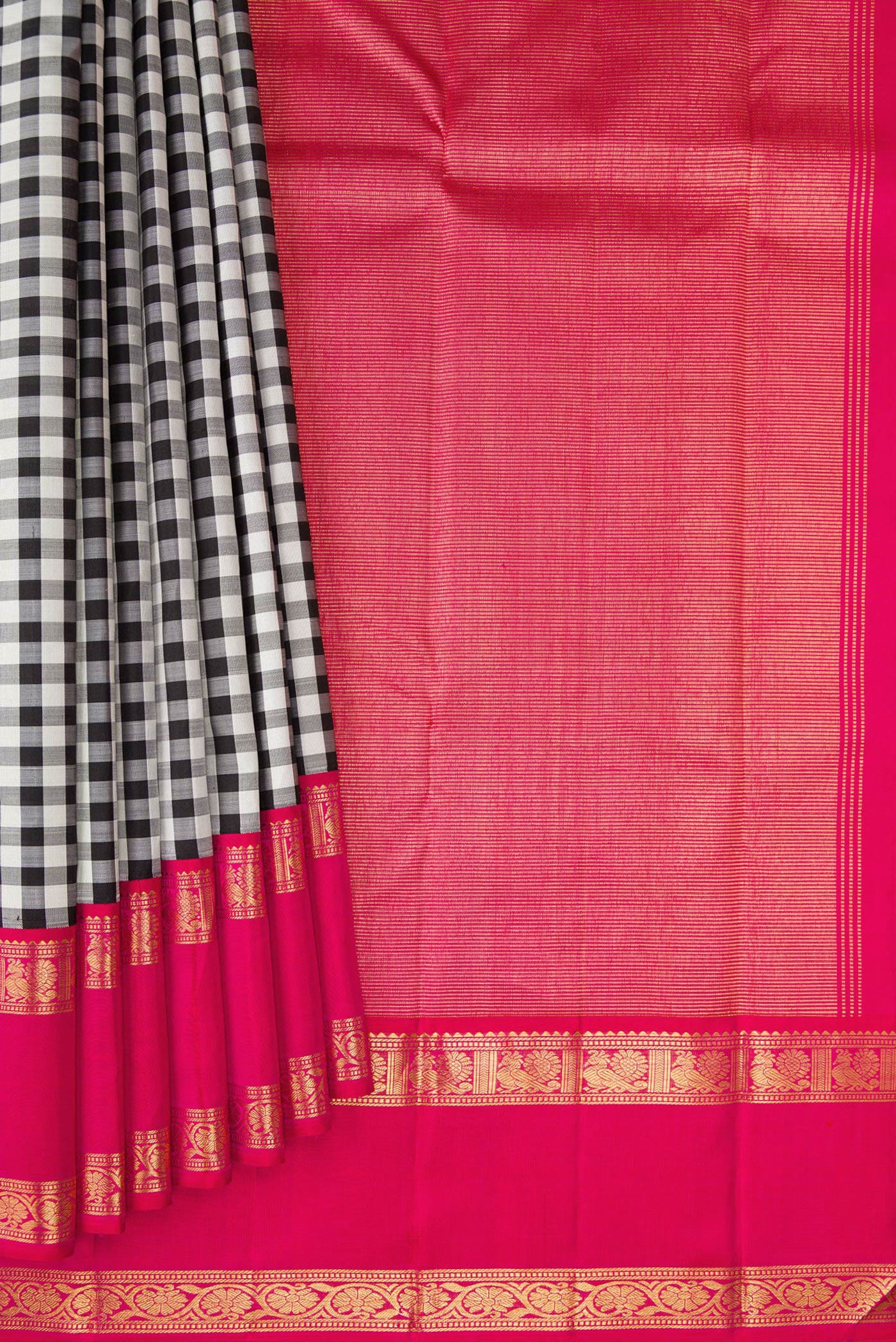 Pleats and pallu of Multi Color Kanjivaram Silk Saree with Checked design on the body and Zari Border. 