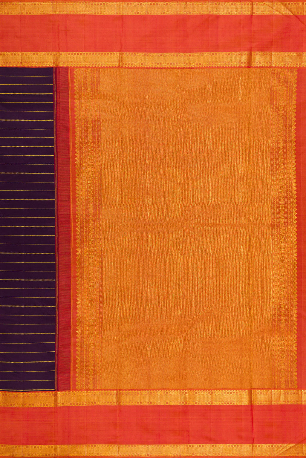 Close up image of the pallu of Violet Kanjivaram Silk Saree with Stripes on the body and Zari Border. 