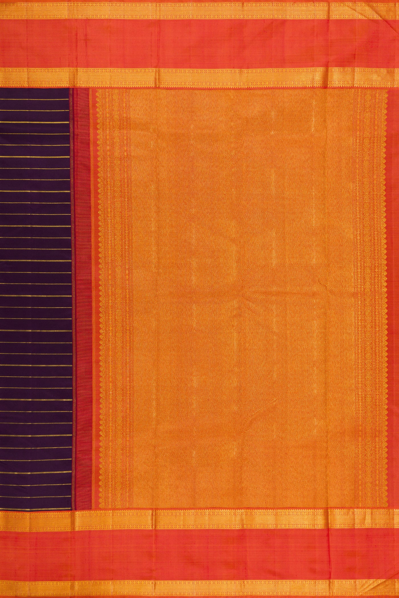 Close up image of the pallu of Violet Kanjivaram Silk Saree with Stripes on the body and Zari Border. 
