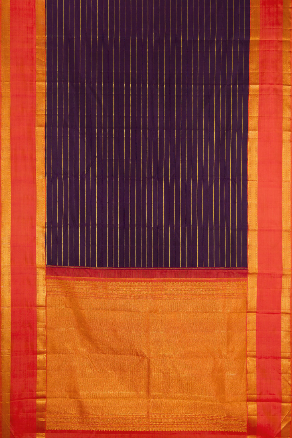 Flat view of Violet Kanjivaram Silk Saree with Stripes on the body and Zari Border. 