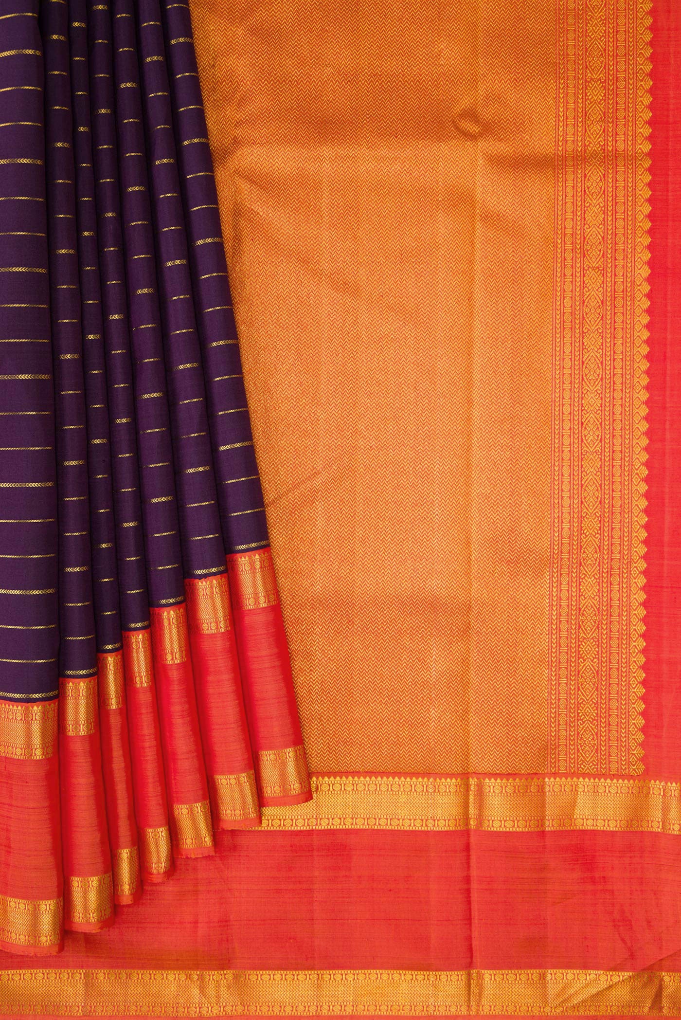 Pleats and pallu of Violet Kanjivaram Silk Saree with Stripes on the body and Zari Border. 