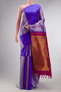 Pure Silk Royal Blue Dual Tone Kanjivaram Saree with Stripes on the body and Without Border.  displayed on a mannequin