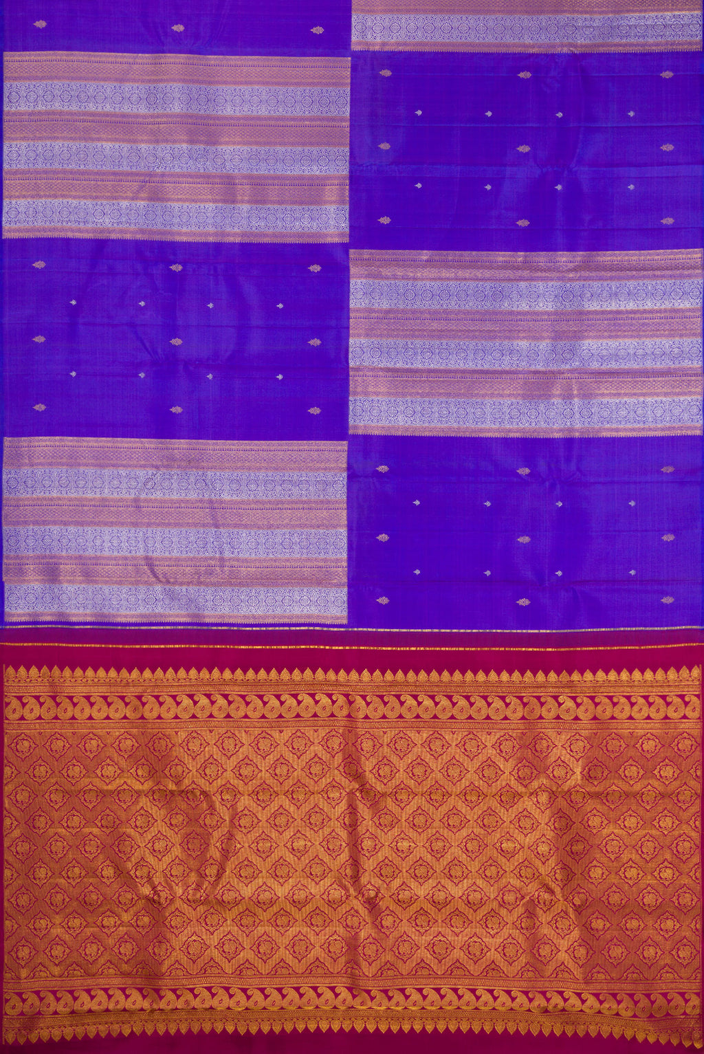 Flat view of Pure Silk Royal Blue Dual Tone Kanjivaram Saree with Stripes on the body and Without Border. 