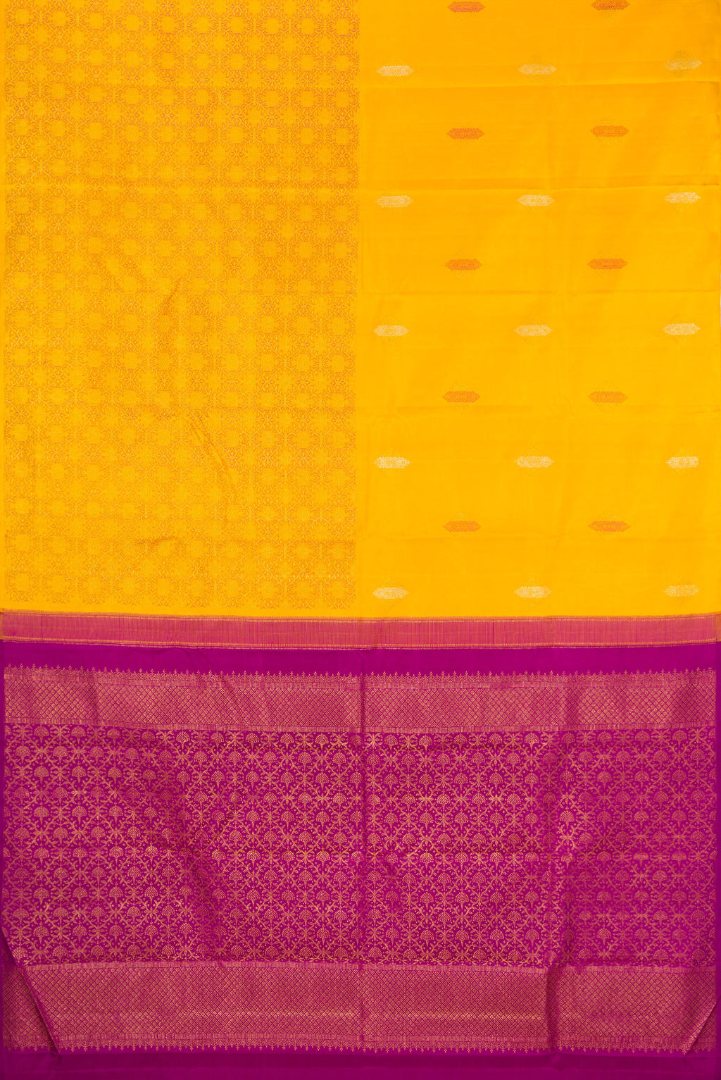 Flat view of Pure Silk Yellow Kanjivaram Saree with Zari Butta on the body and Without Border. 
