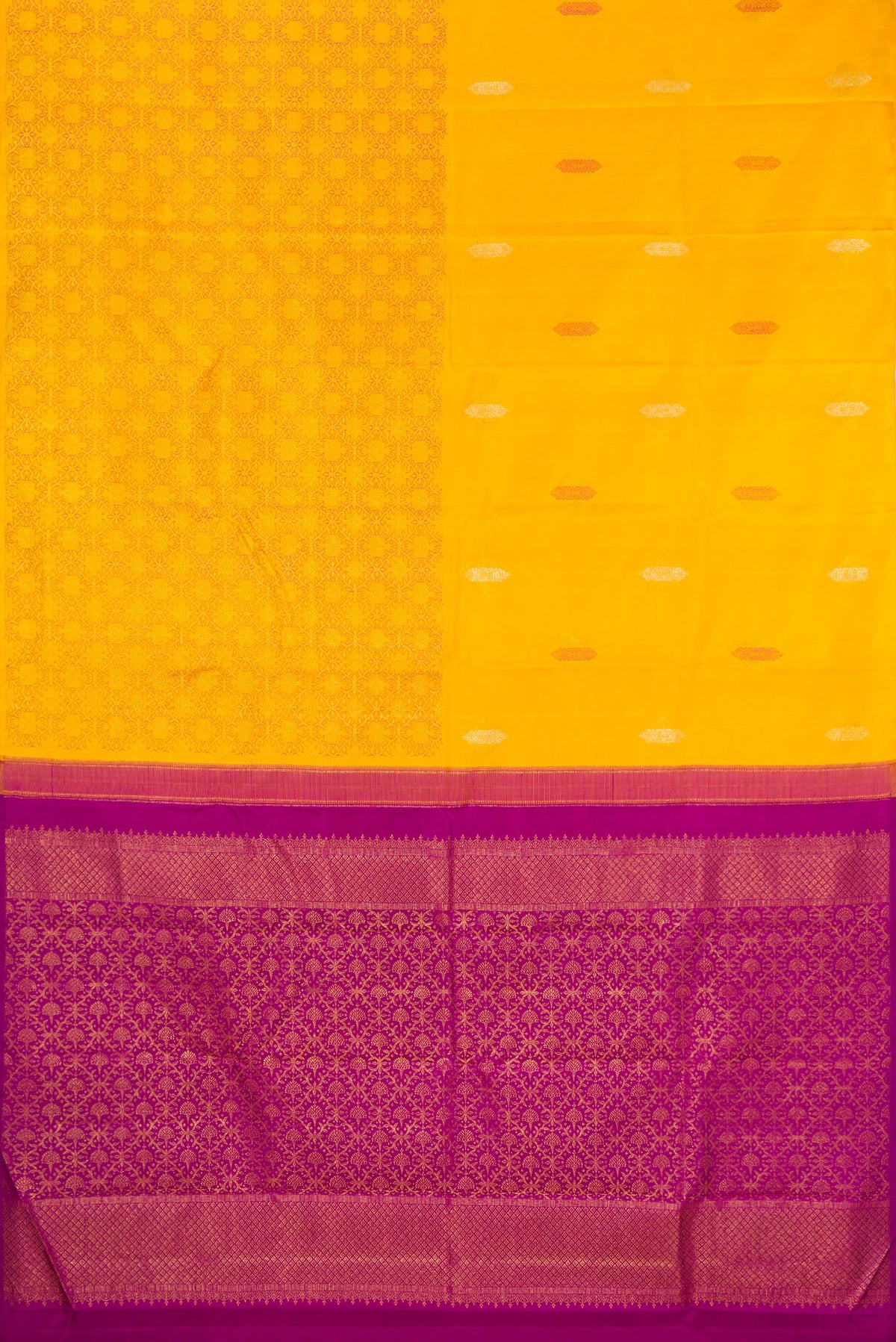 Flat view of Pure Silk Yellow Kanjivaram Saree with Zari Butta on the body and Without Border. 
