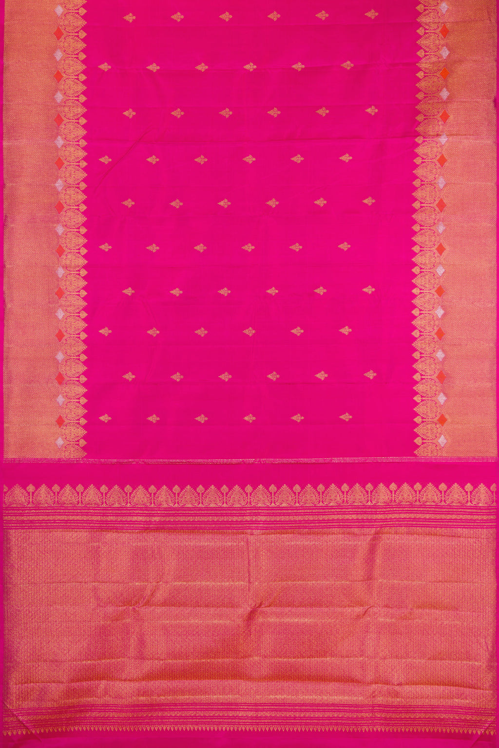 Flat view of Dark Pink Kanjivaram Silk Saree with Zari Butta on the body and Fancy Border. 