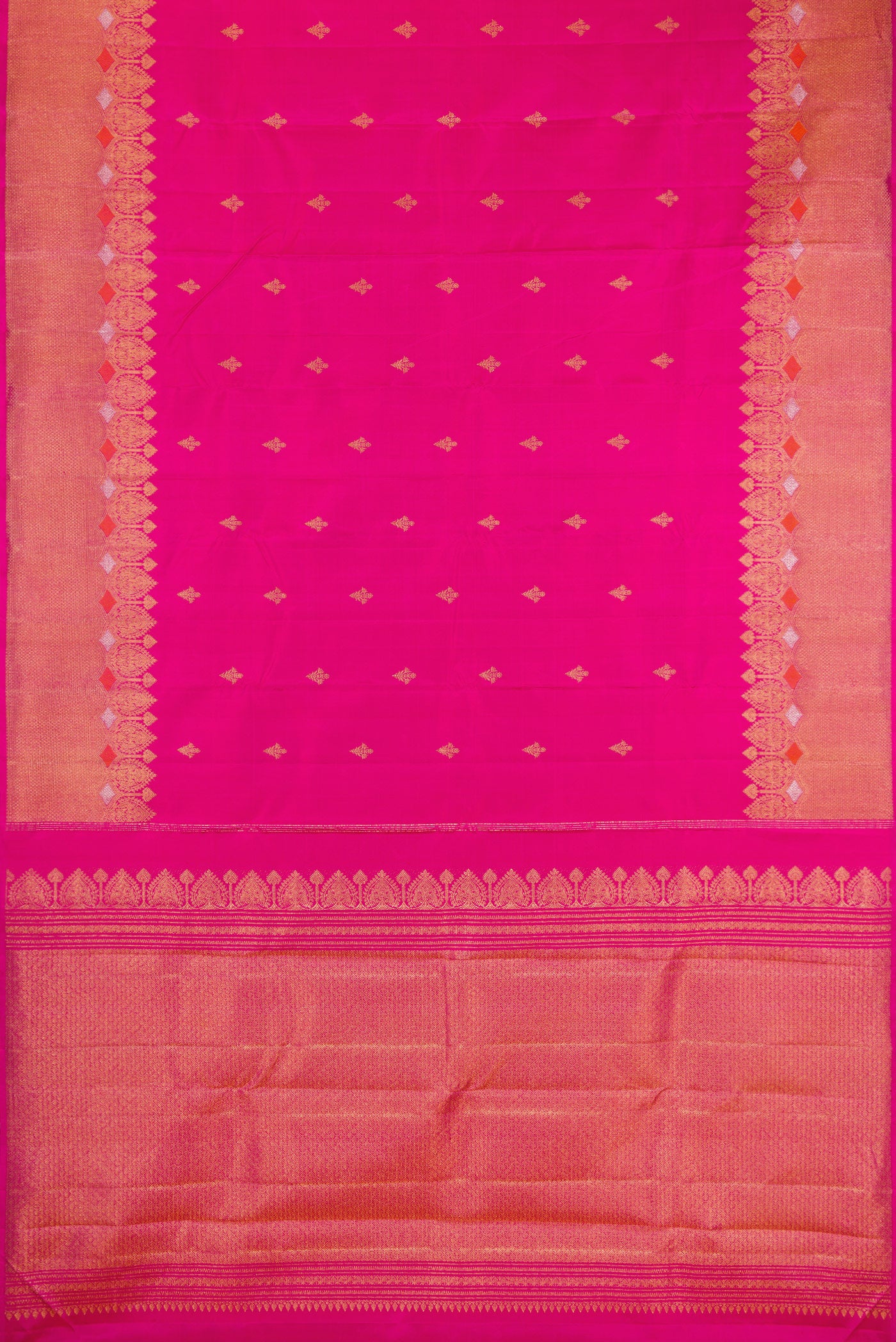 Flat view of Dark Pink Kanjivaram Silk Saree with Zari Butta on the body and Fancy Border. 