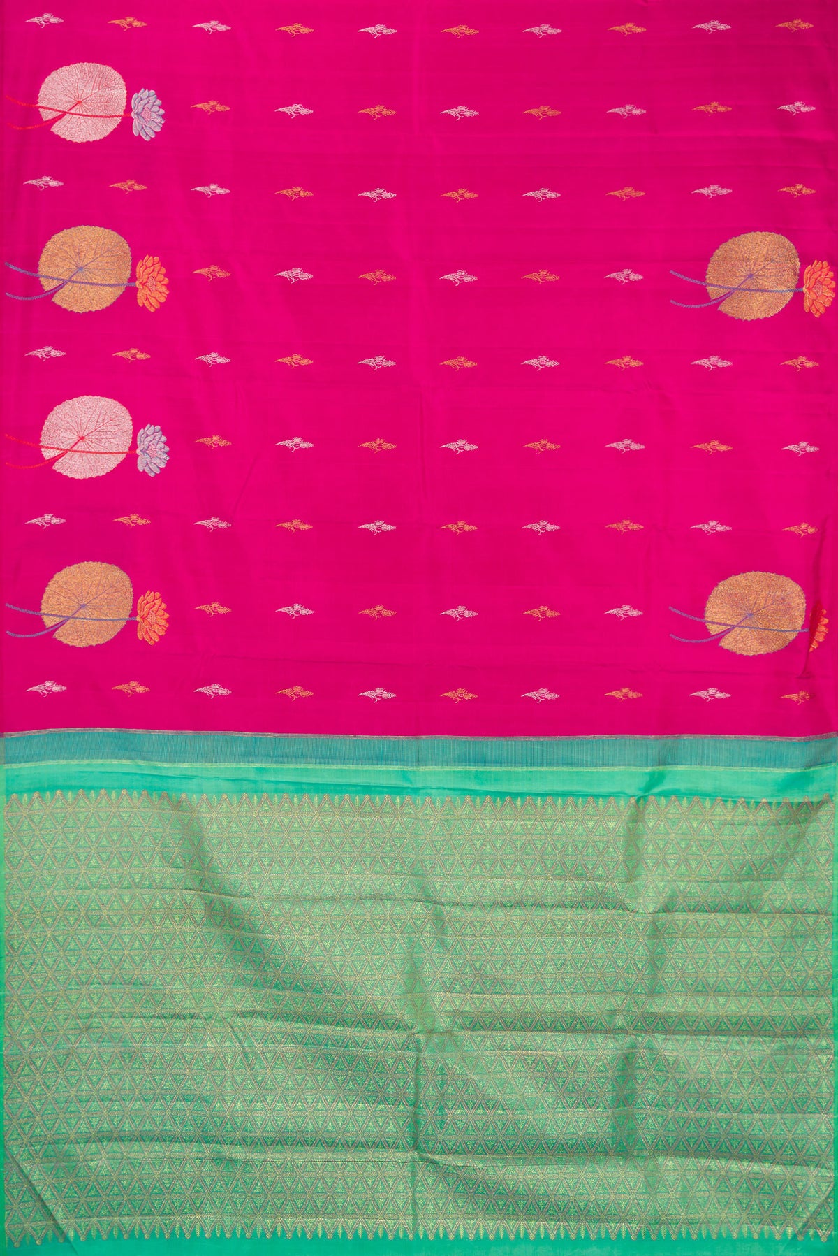 Flat view of Pure Silk Dark Pink Kanjivaram Saree with Zari Butta on the body and Without Border. 